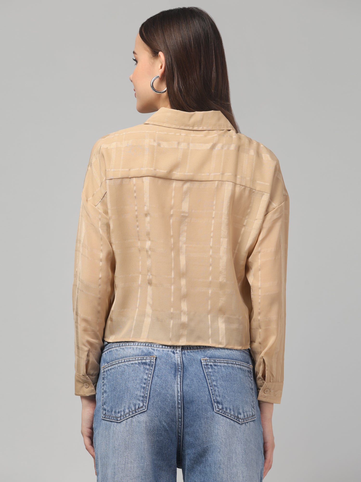 Camel Beige Striped Cropped Shirt