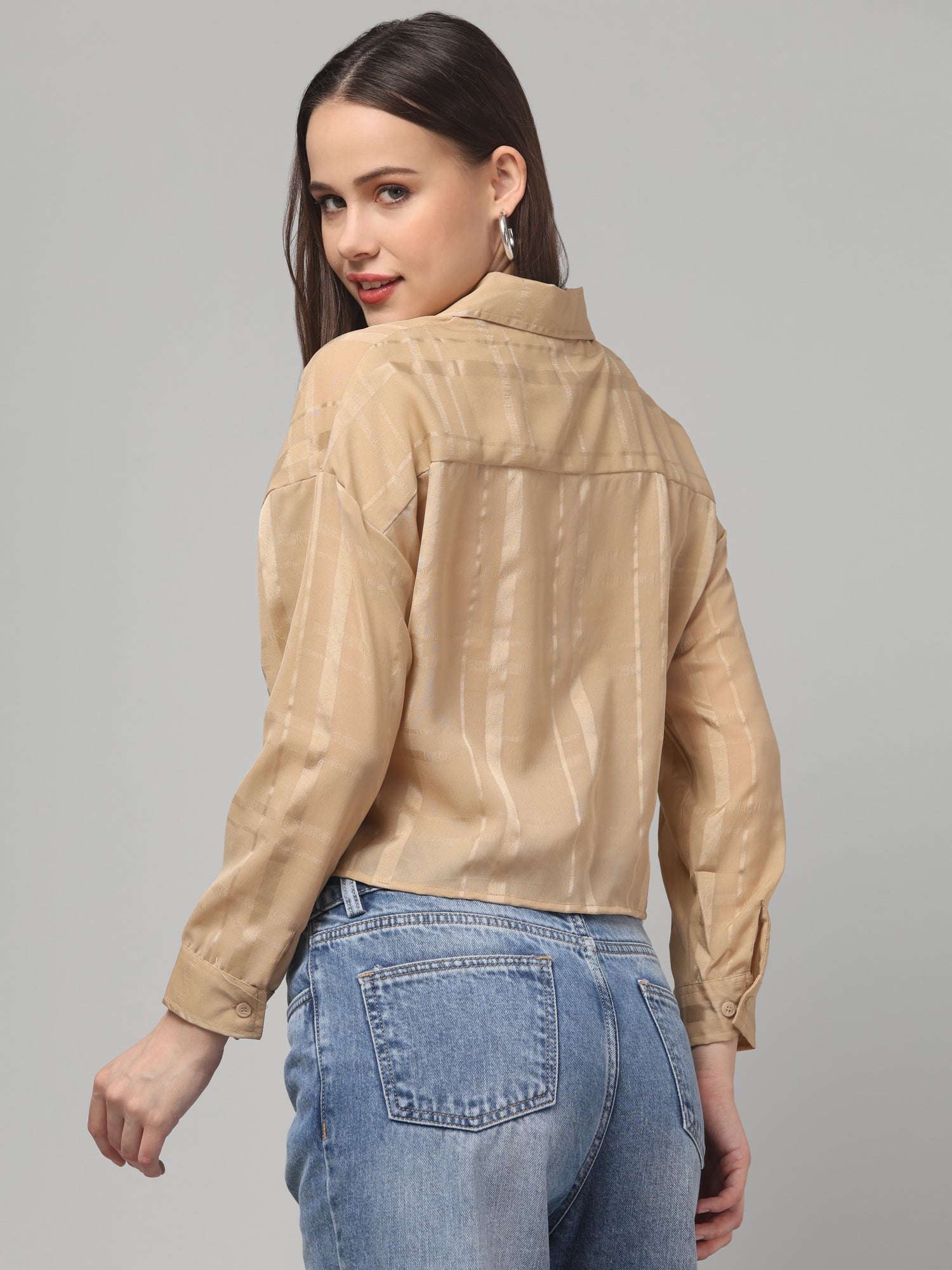 Camel Beige Striped Cropped Shirt