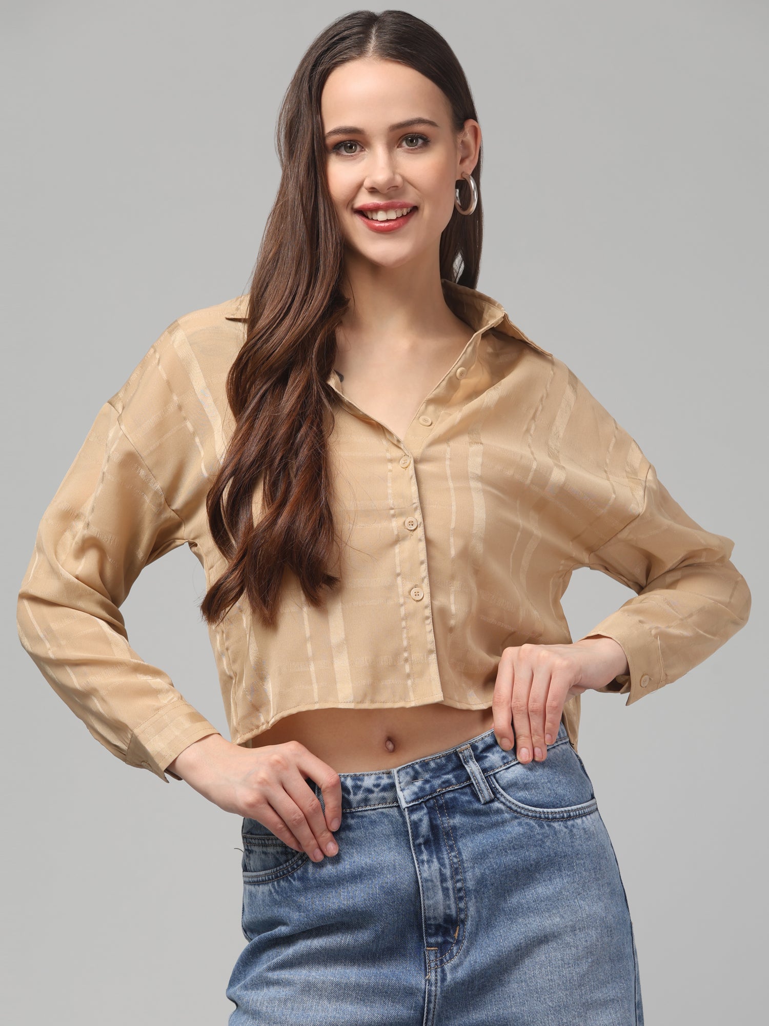 Camel Beige Striped Cropped Shirt