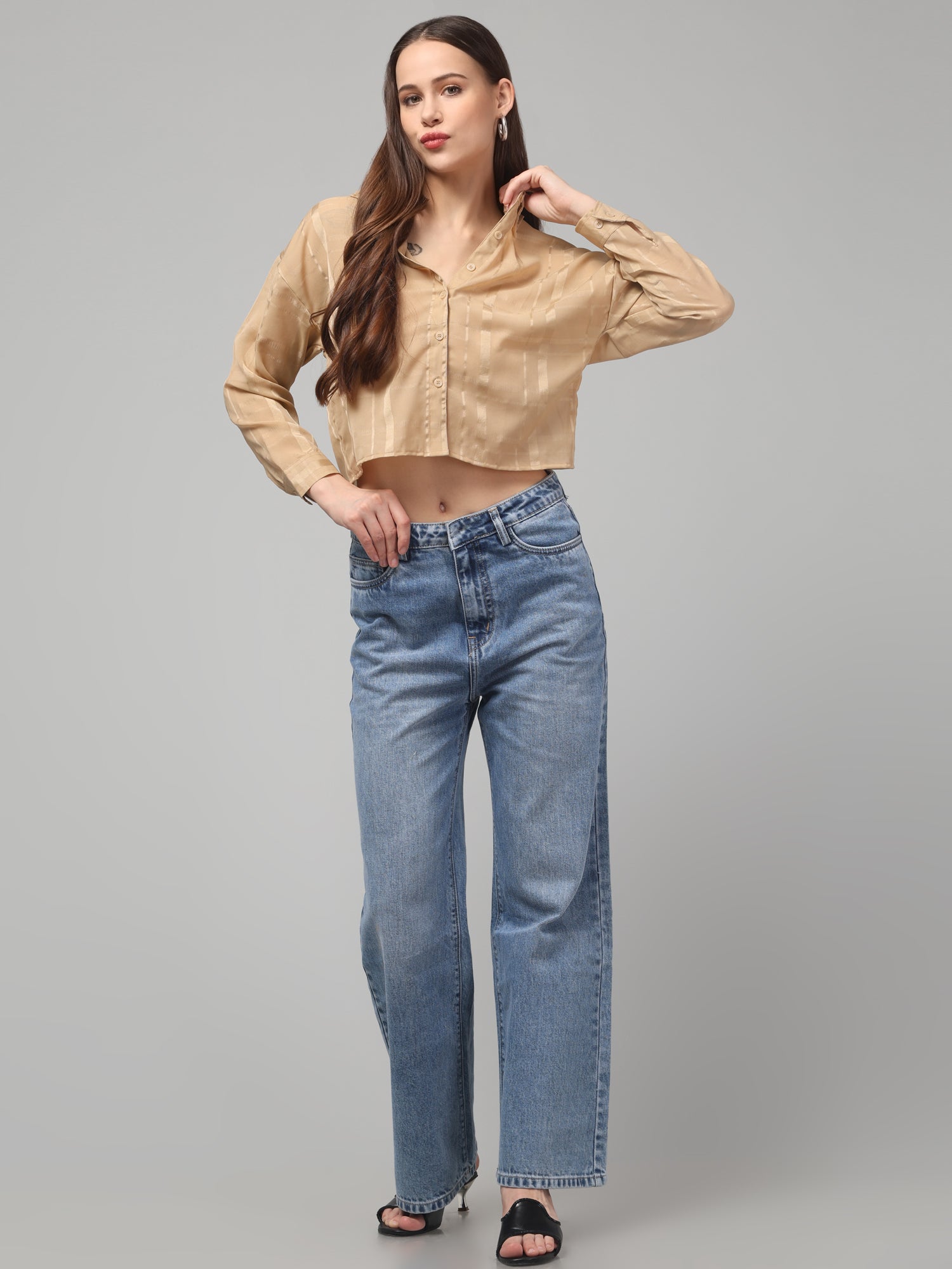 Camel Beige Striped Cropped Shirt