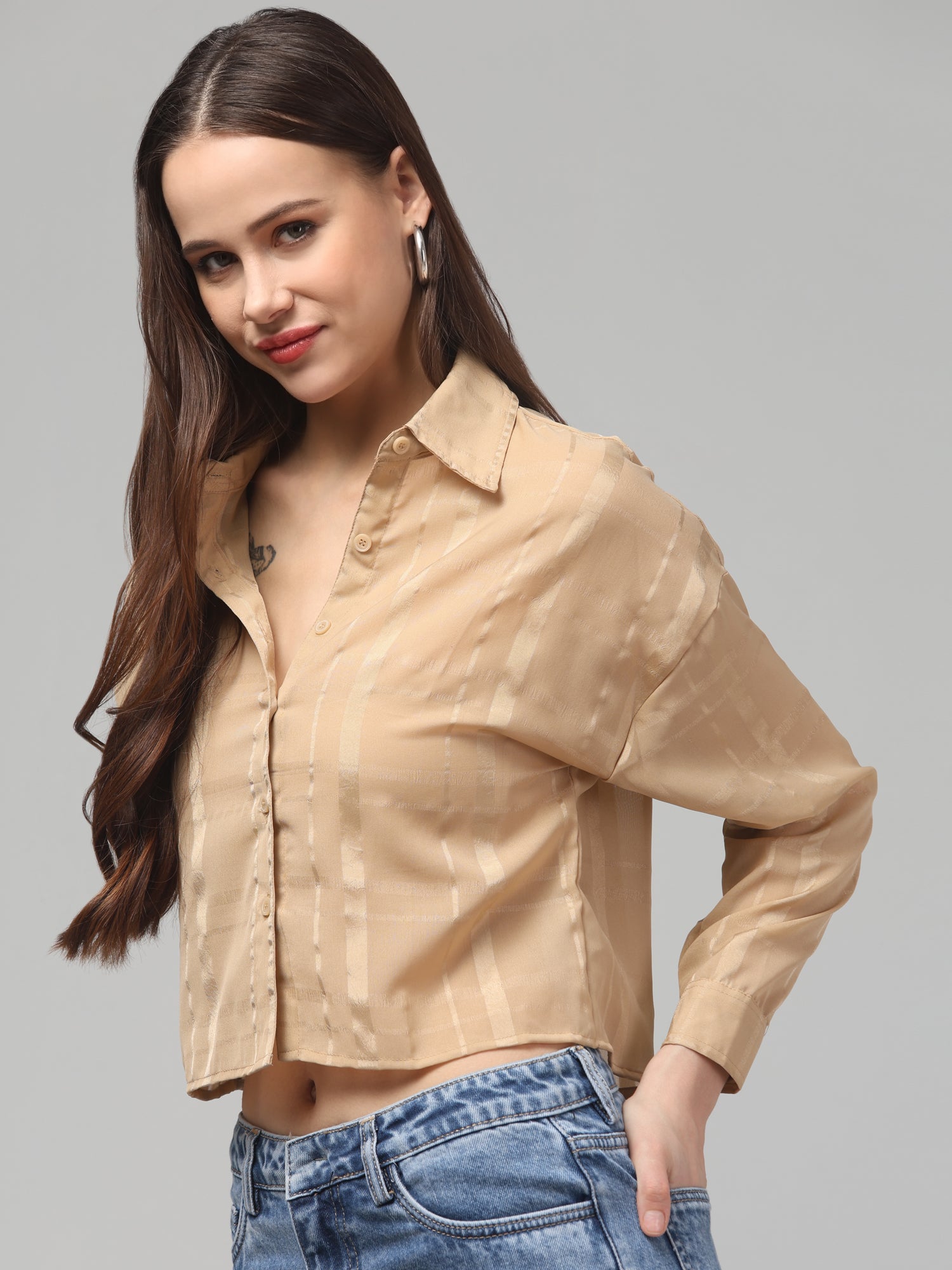 Camel Beige Striped Cropped Shirt