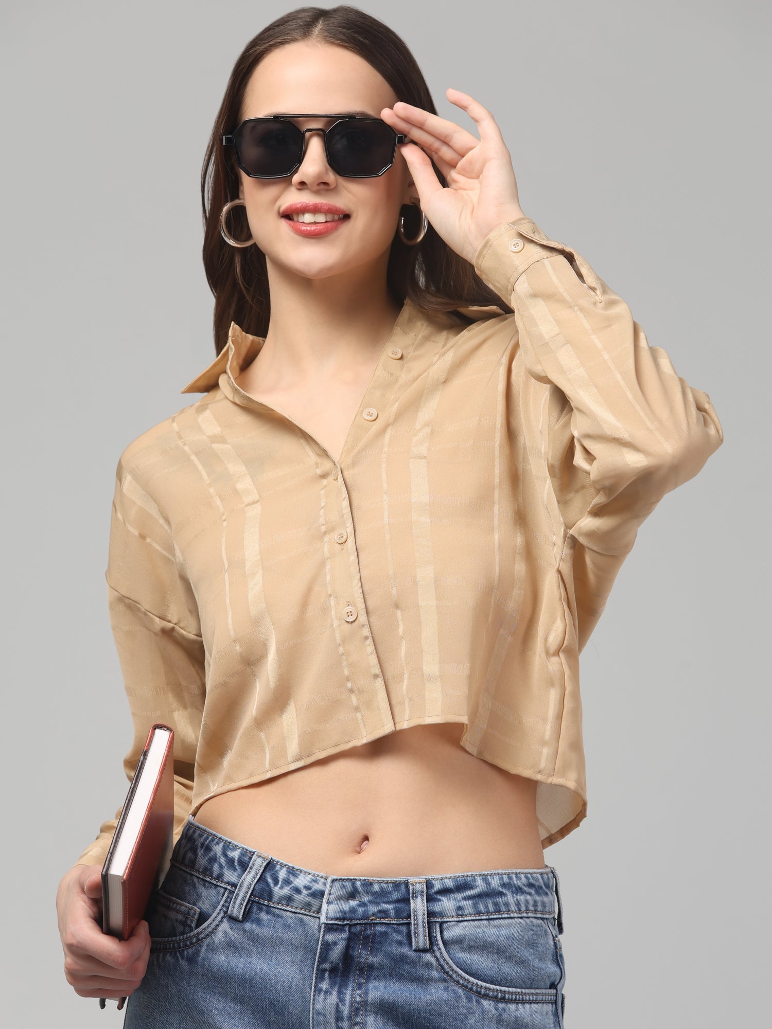Camel Beige Striped Cropped Shirt