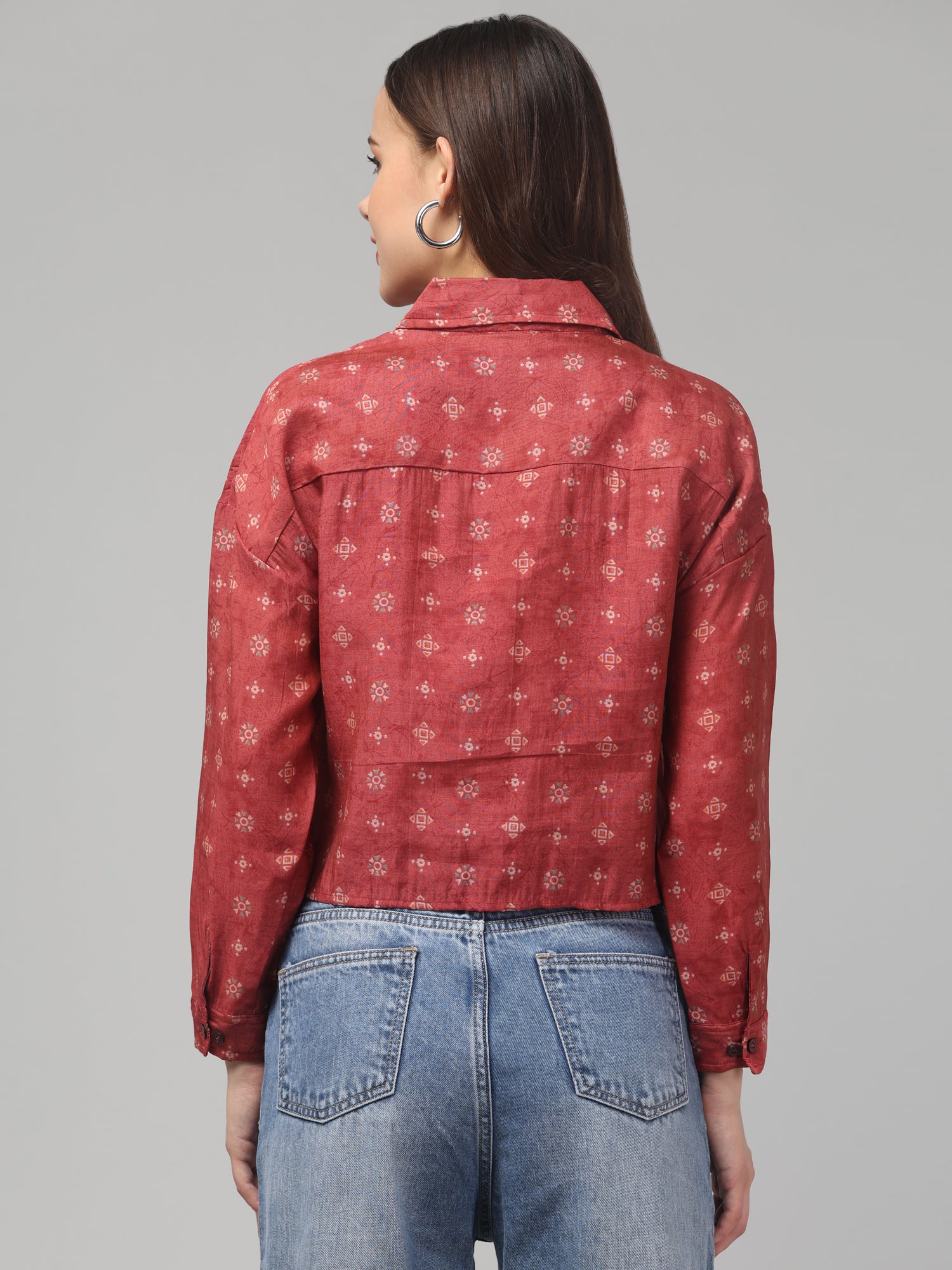 Rust Red Crop Shirt with Subtle Geometric Print