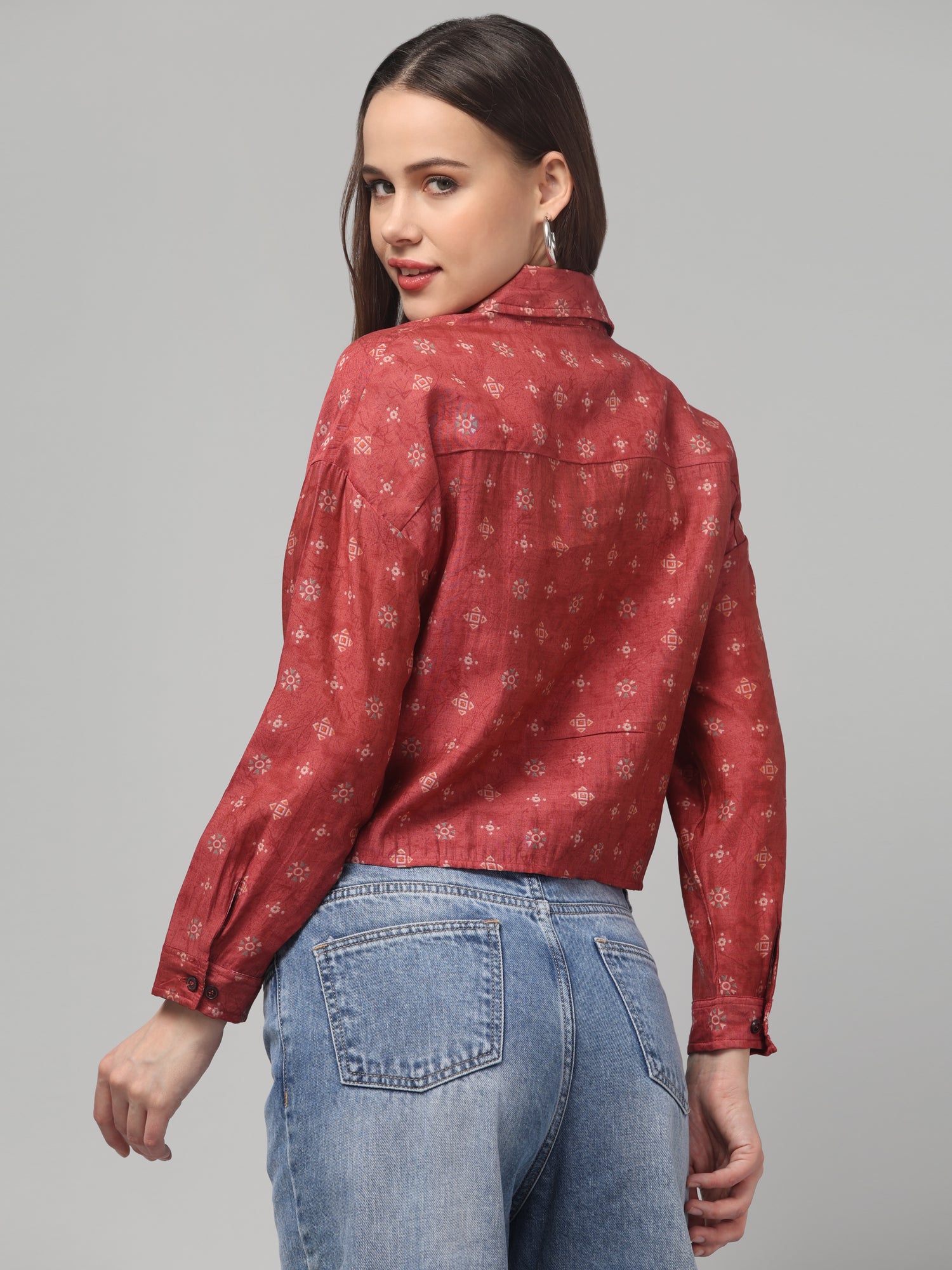 Rust Red Crop Shirt with Subtle Geometric Print