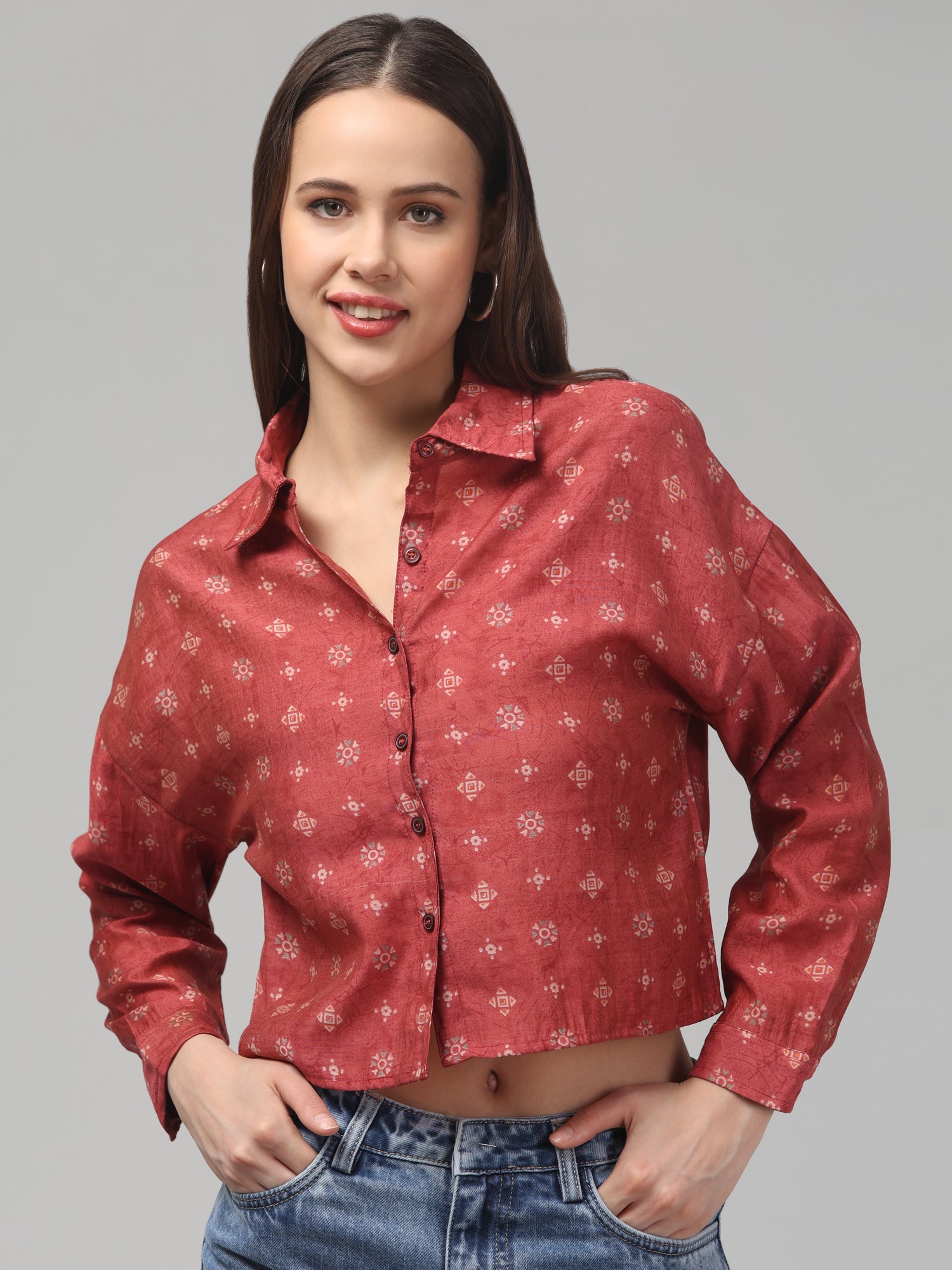 Rust Red Crop Shirt with Subtle Geometric Print