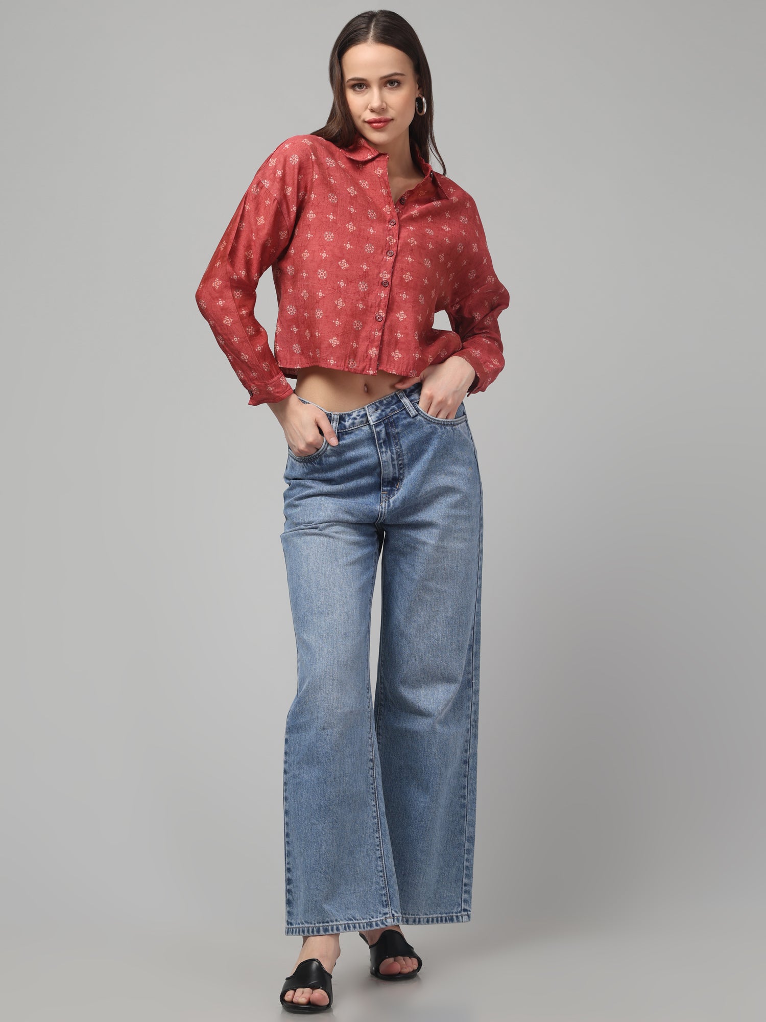Rust Red Crop Shirt with Subtle Geometric Print