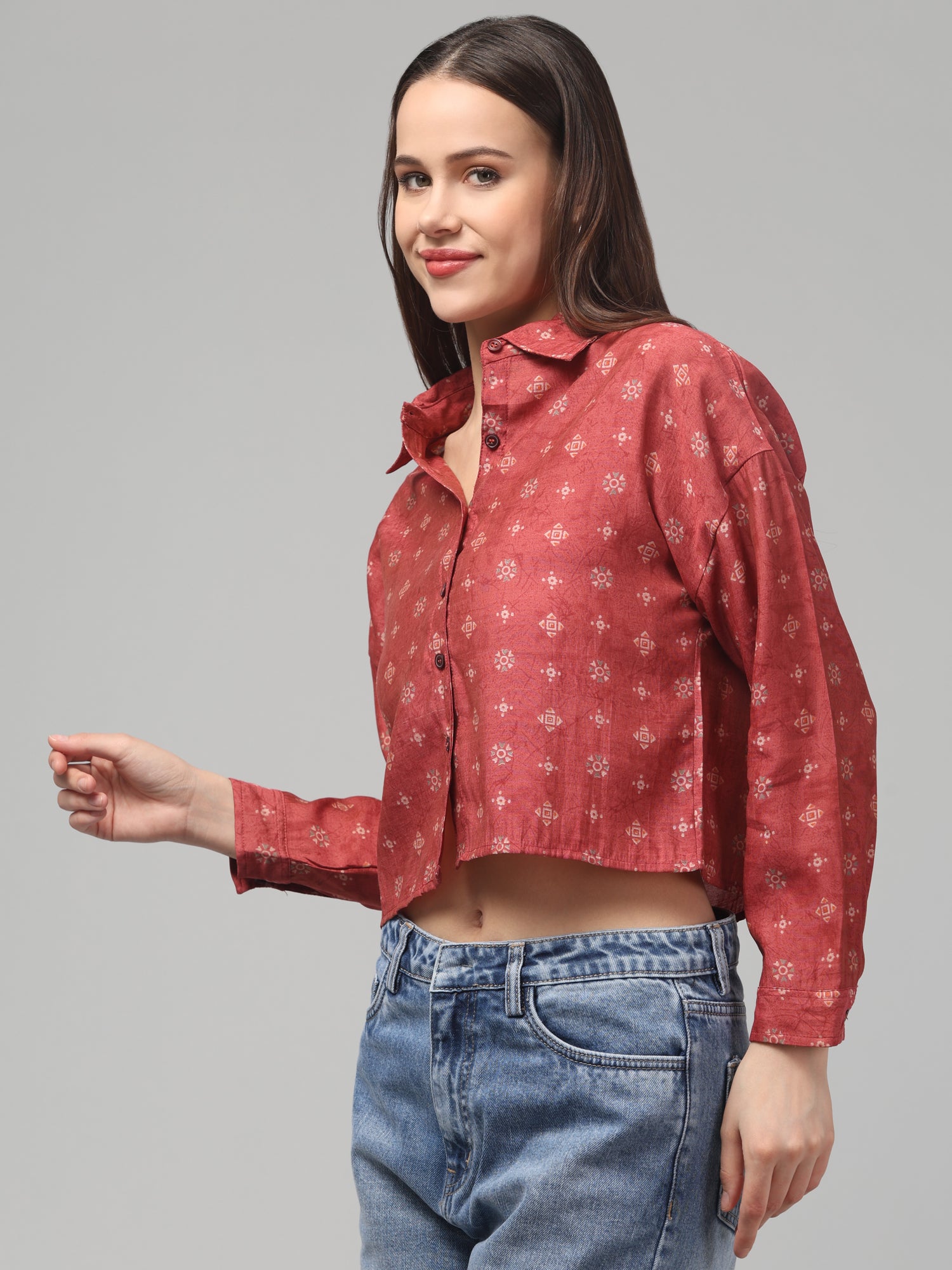 Rust Red Crop Shirt with Subtle Geometric Print