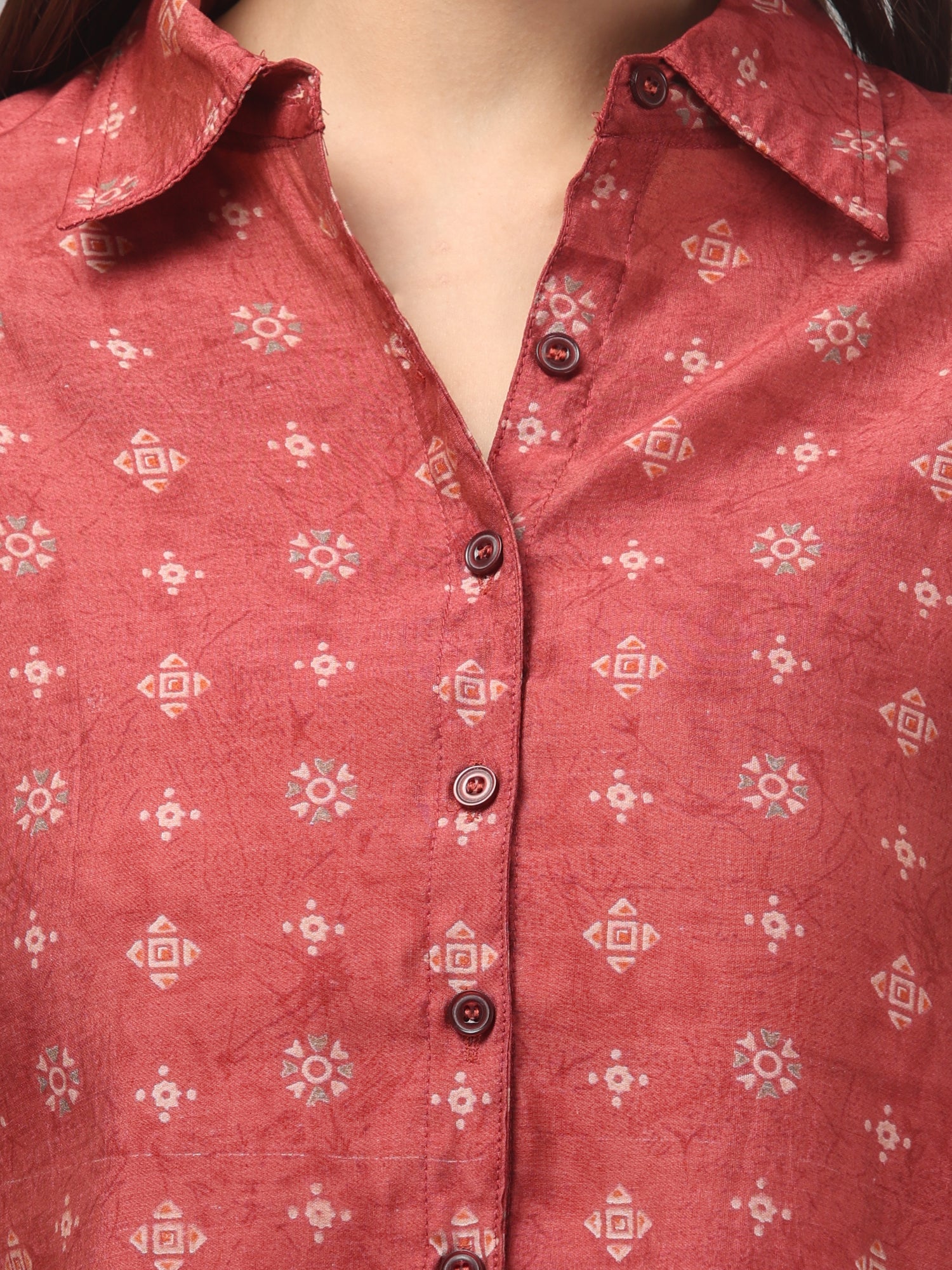 Rust Red Crop Shirt with Subtle Geometric Print