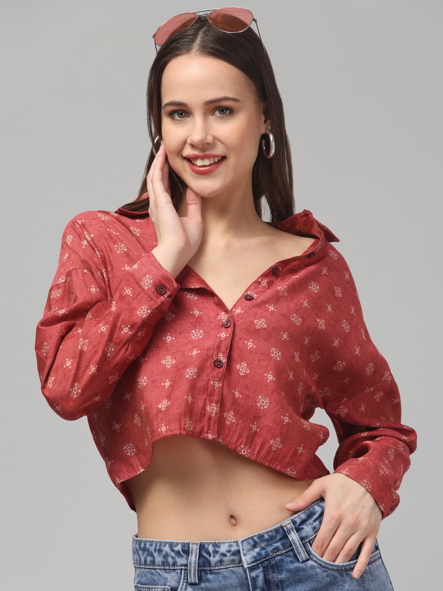 Rust Red Crop Shirt with Subtle Geometric Print