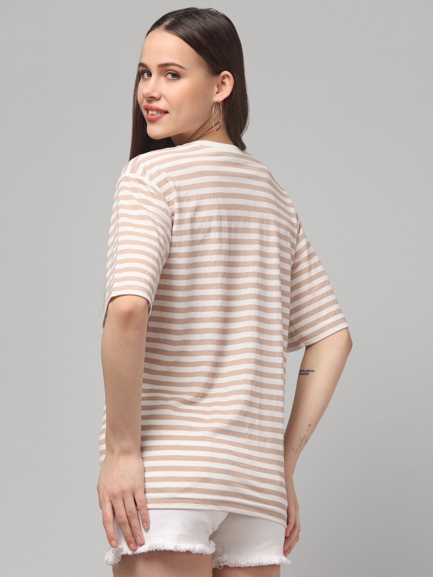 Beige Striped Oversized T-Shirt