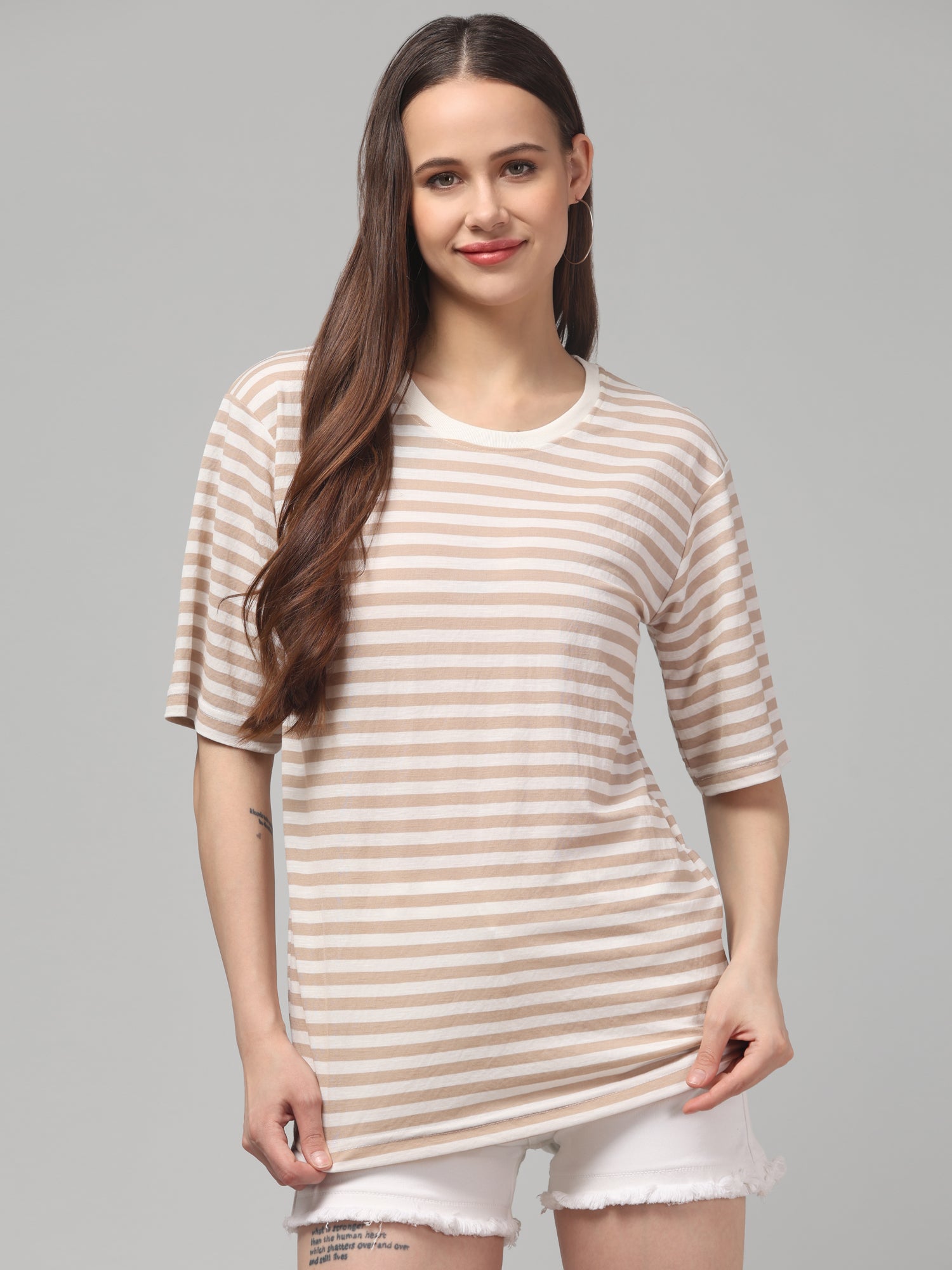 Beige Striped Oversized T-Shirt