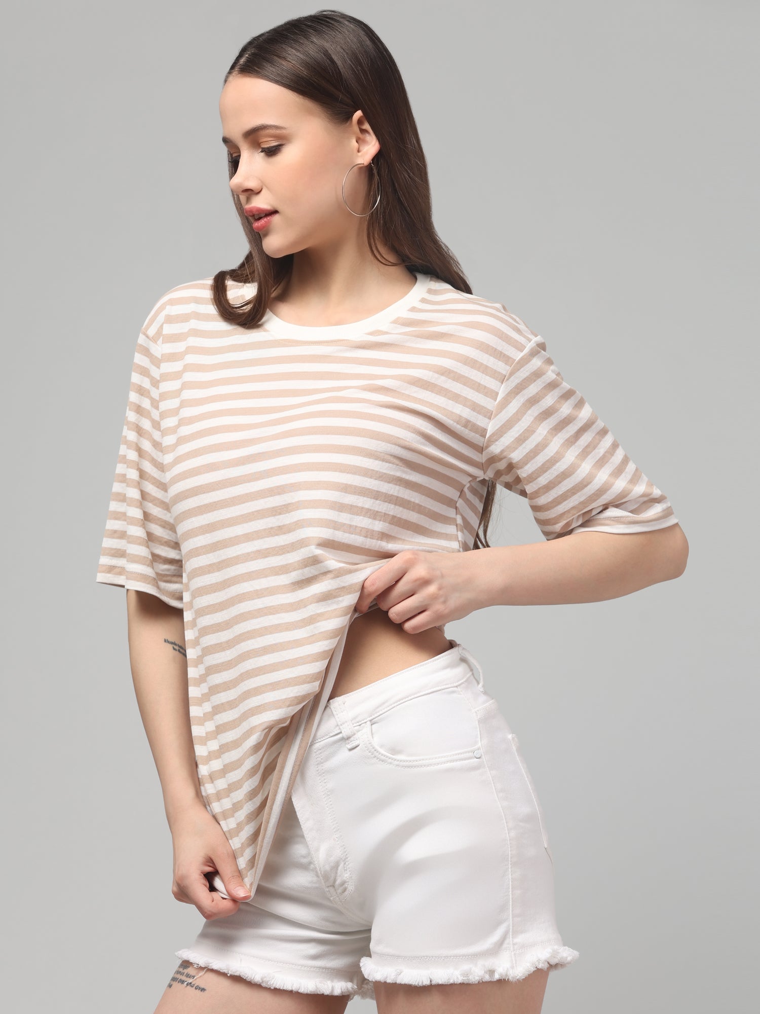 Beige Striped Oversized T-Shirt