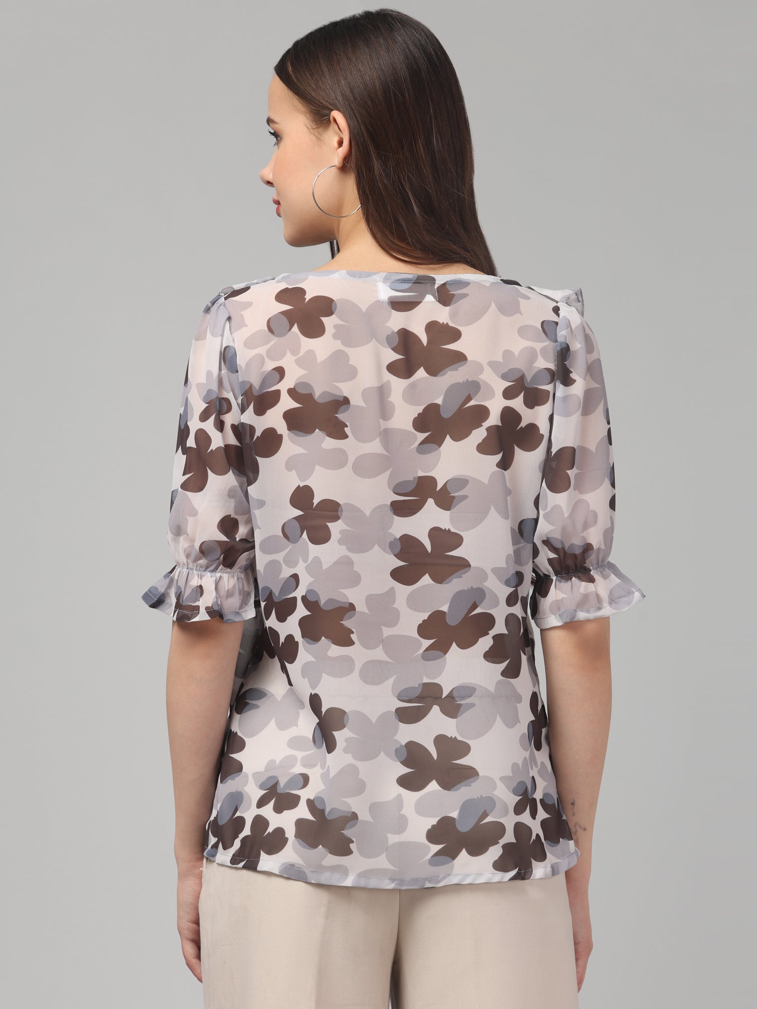 Floral Sheer Ruffle Top with Puff Sleeves