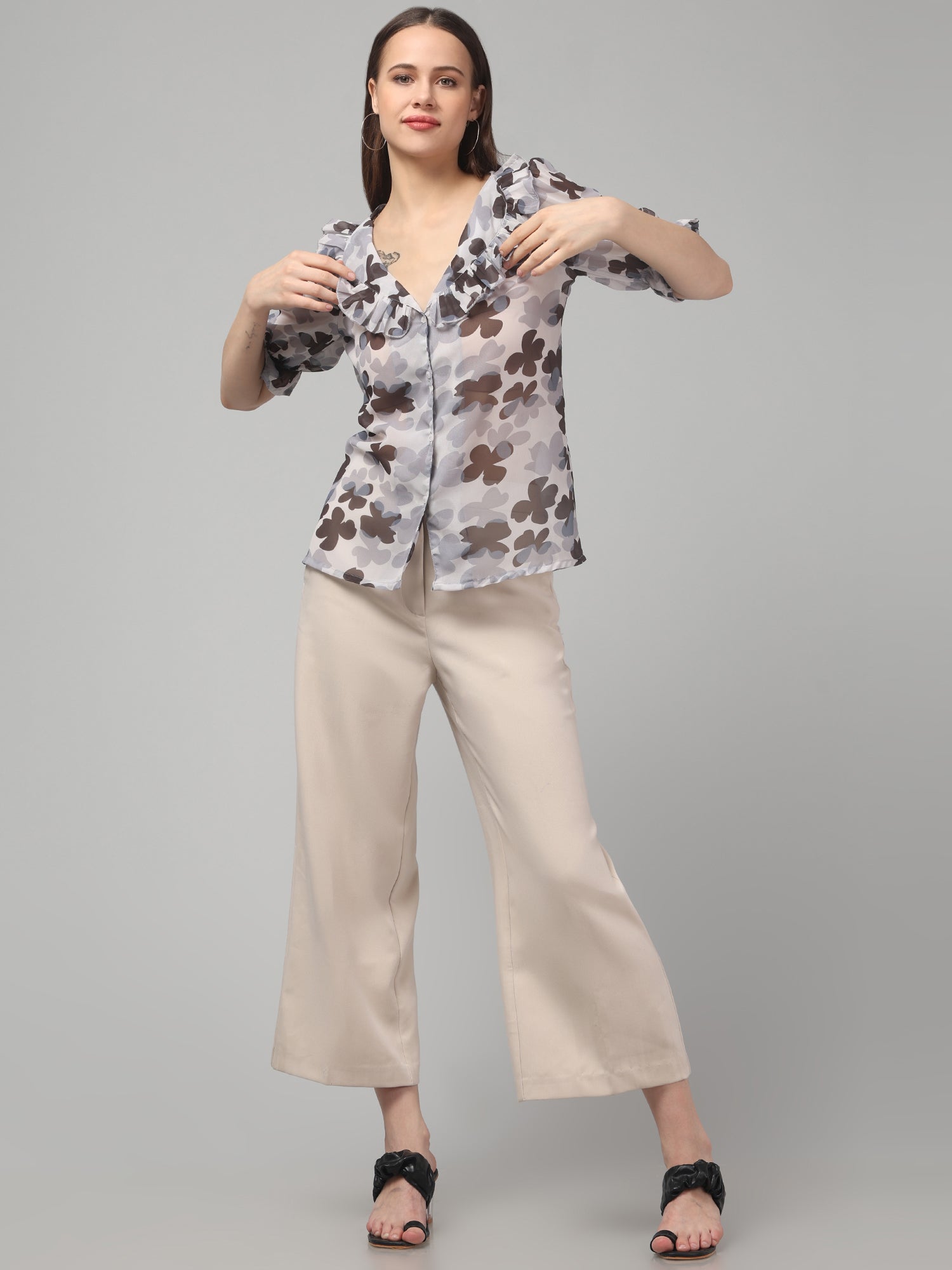 Floral Sheer Ruffle Top with Puff Sleeves