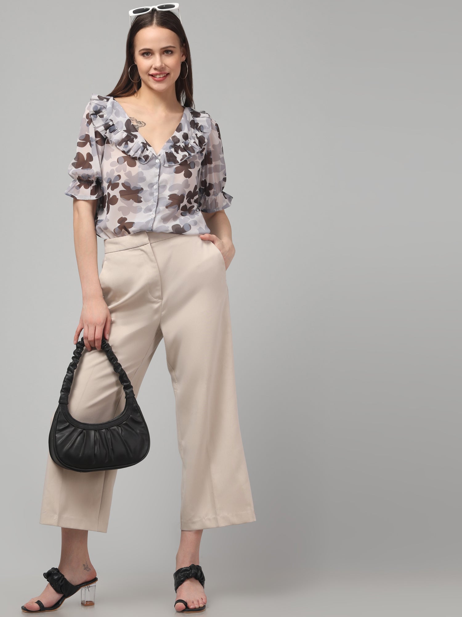 Floral Sheer Ruffle Top with Puff Sleeves