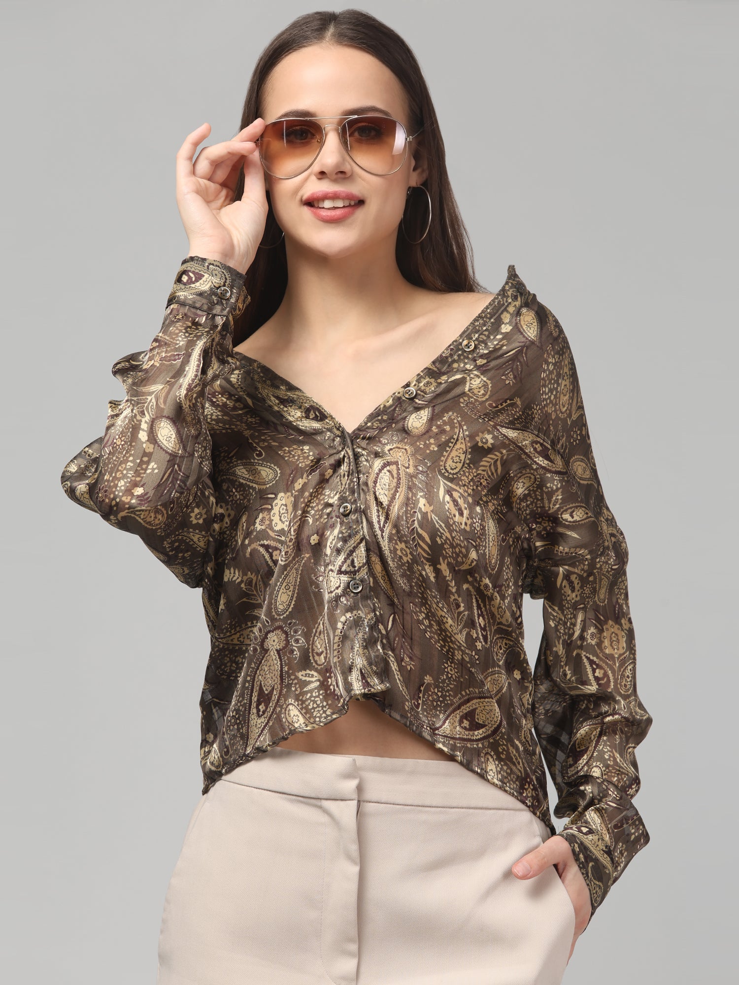 Elegant Paisley Print Cropped Shirt