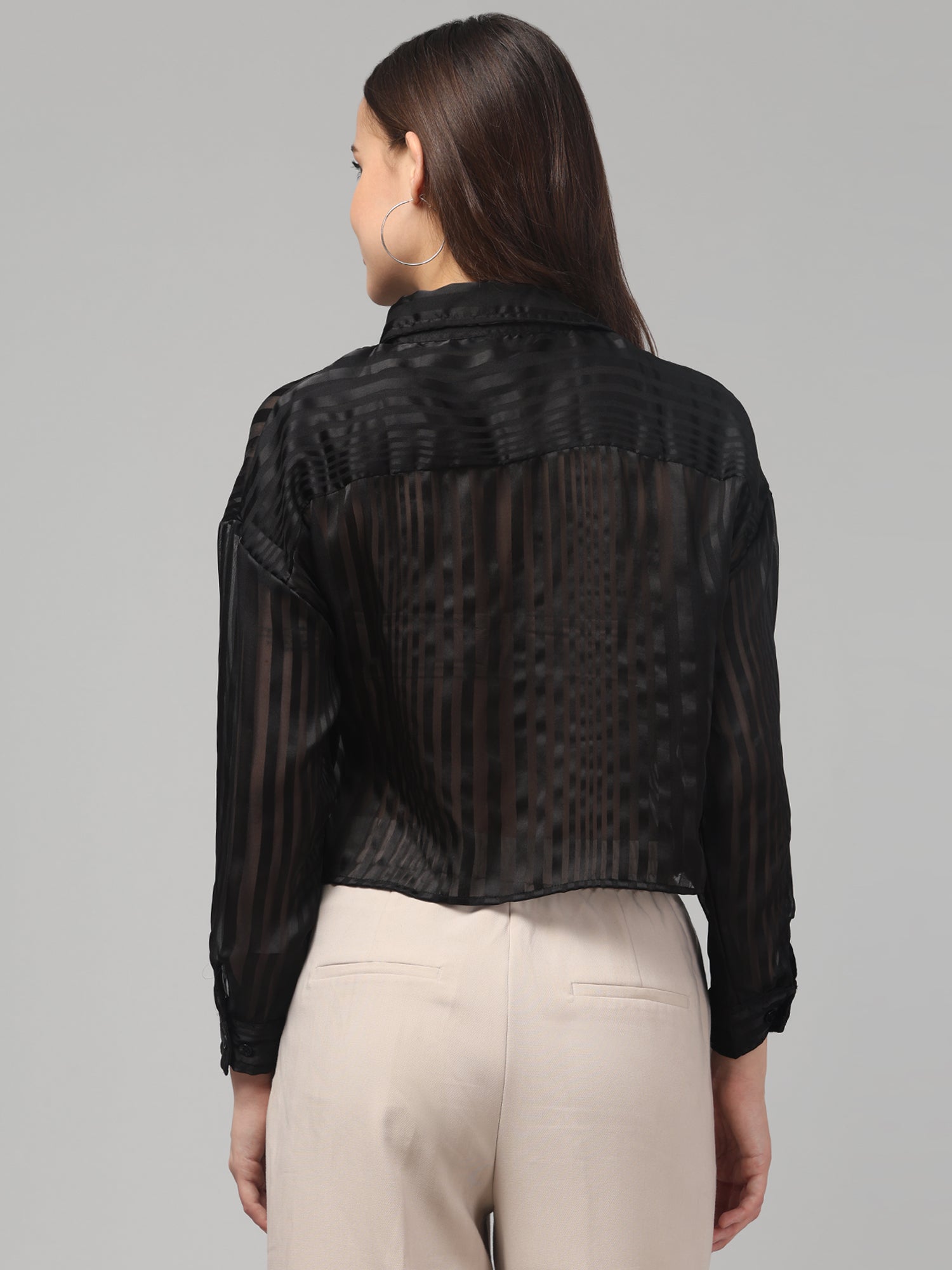 Solid Black Striped Cropped Shirt