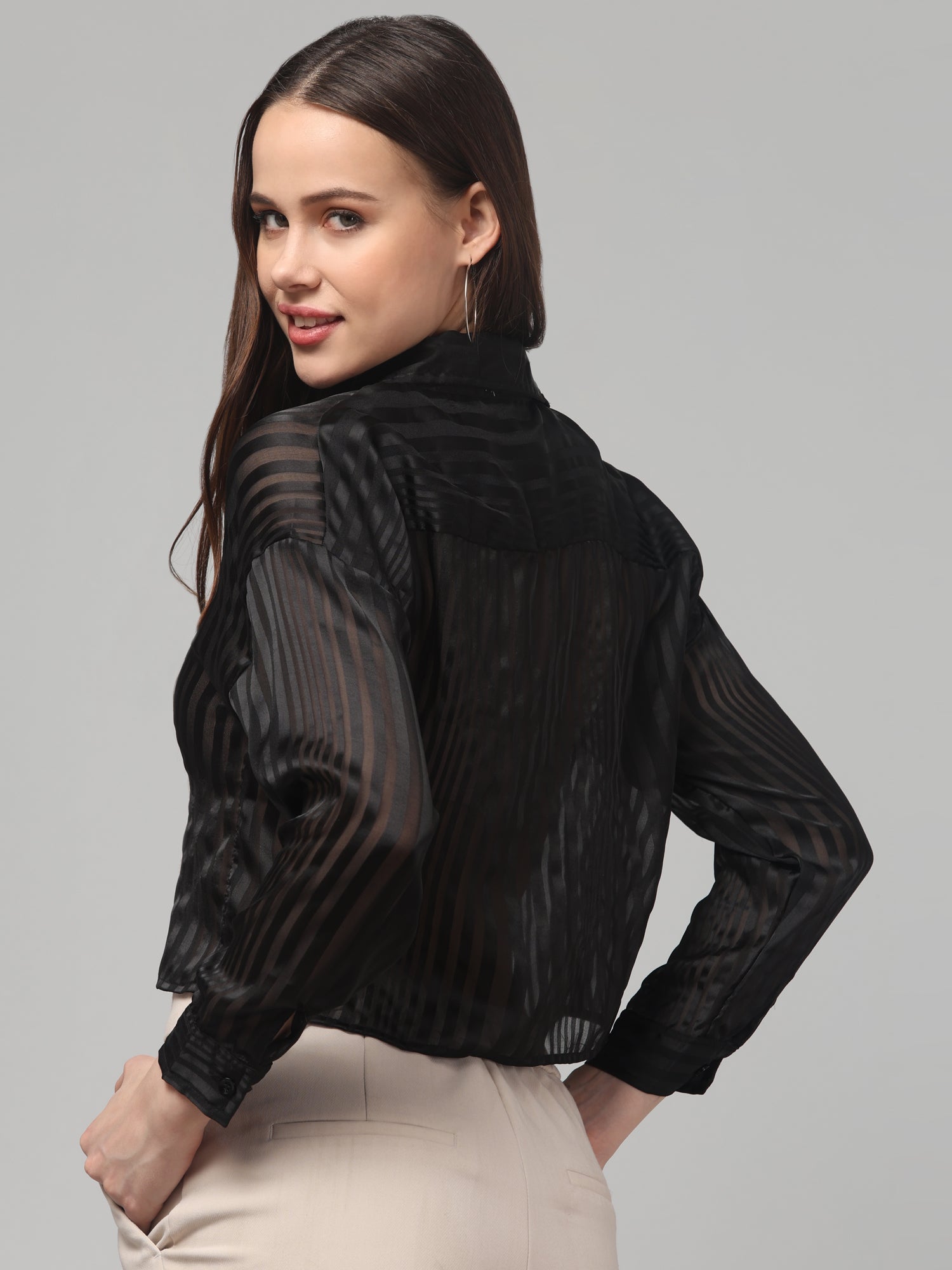 Solid Black Striped Cropped Shirt