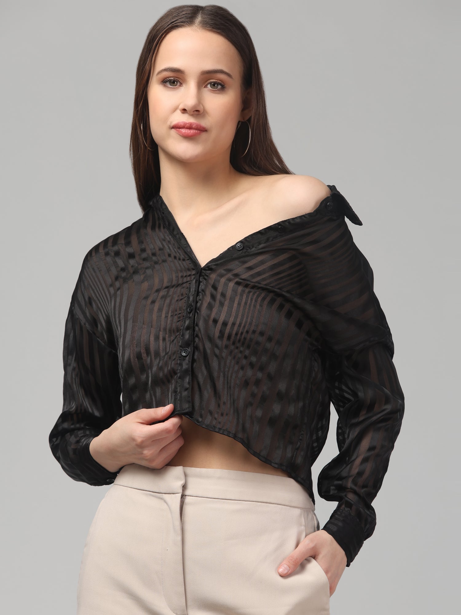 Solid Black Striped Cropped Shirt