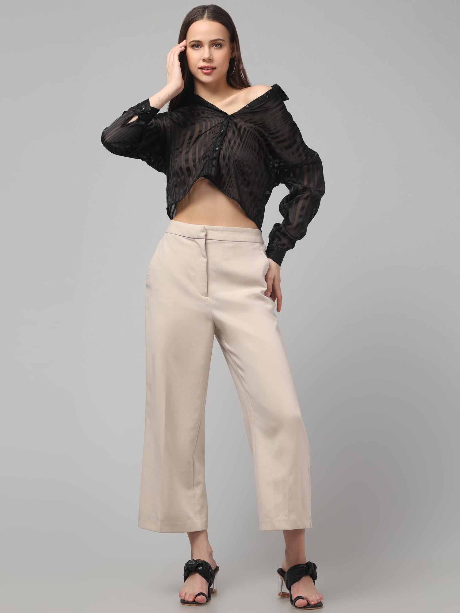 Solid Black Striped Cropped Shirt