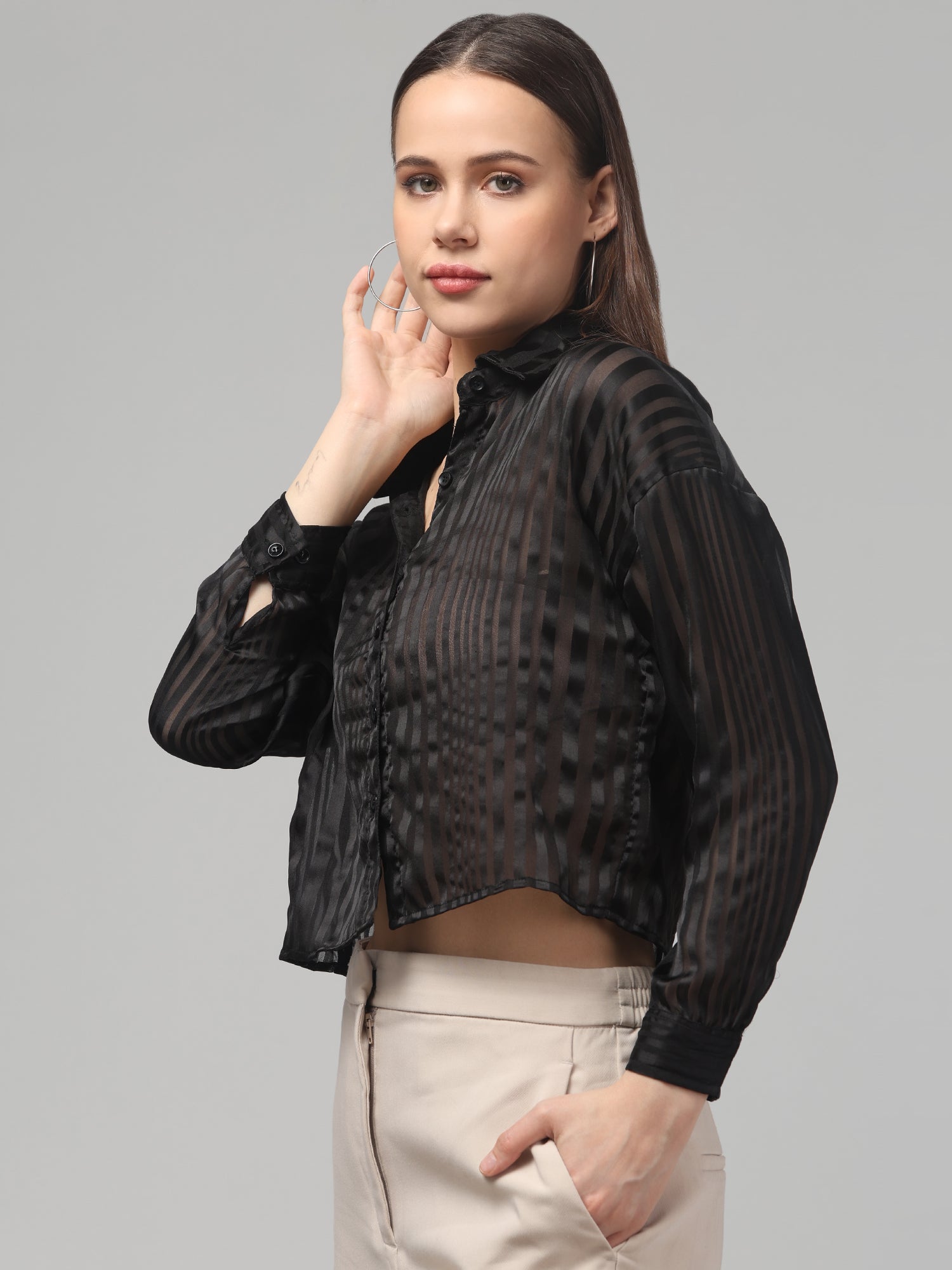 Solid Black Striped Cropped Shirt