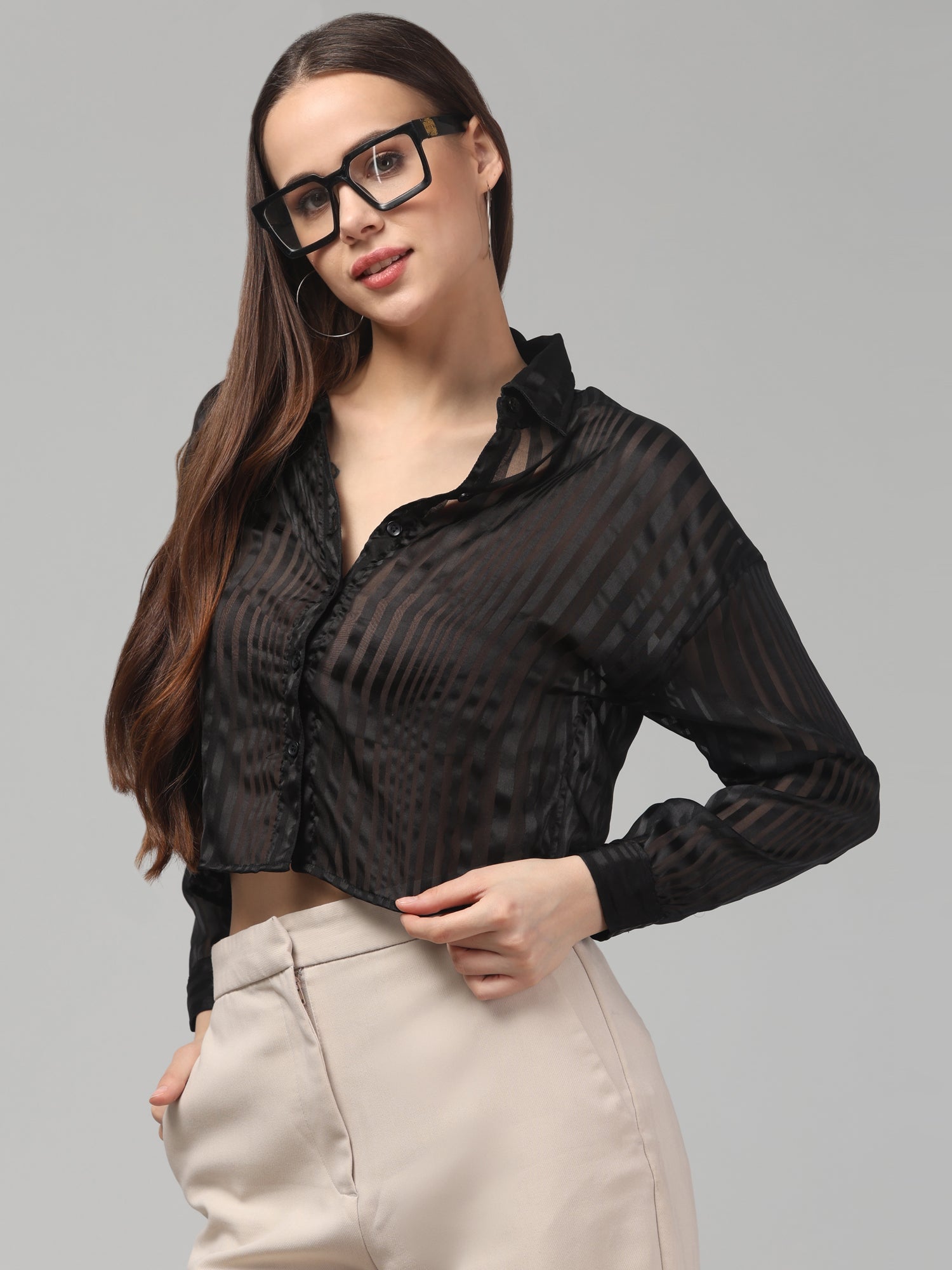 Solid Black Striped Cropped Shirt