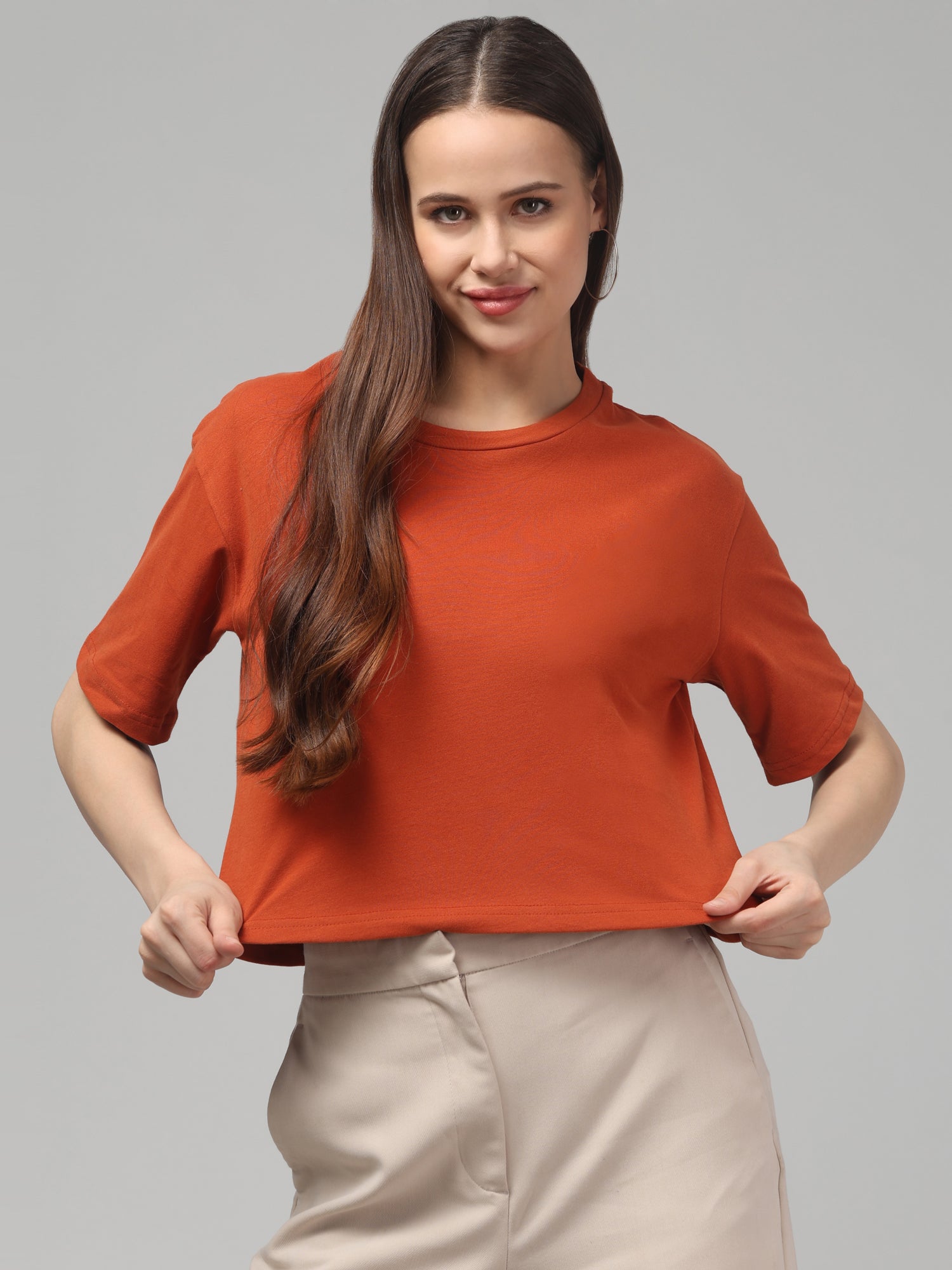 Burnt Crimson Solid Crop T-Shirt