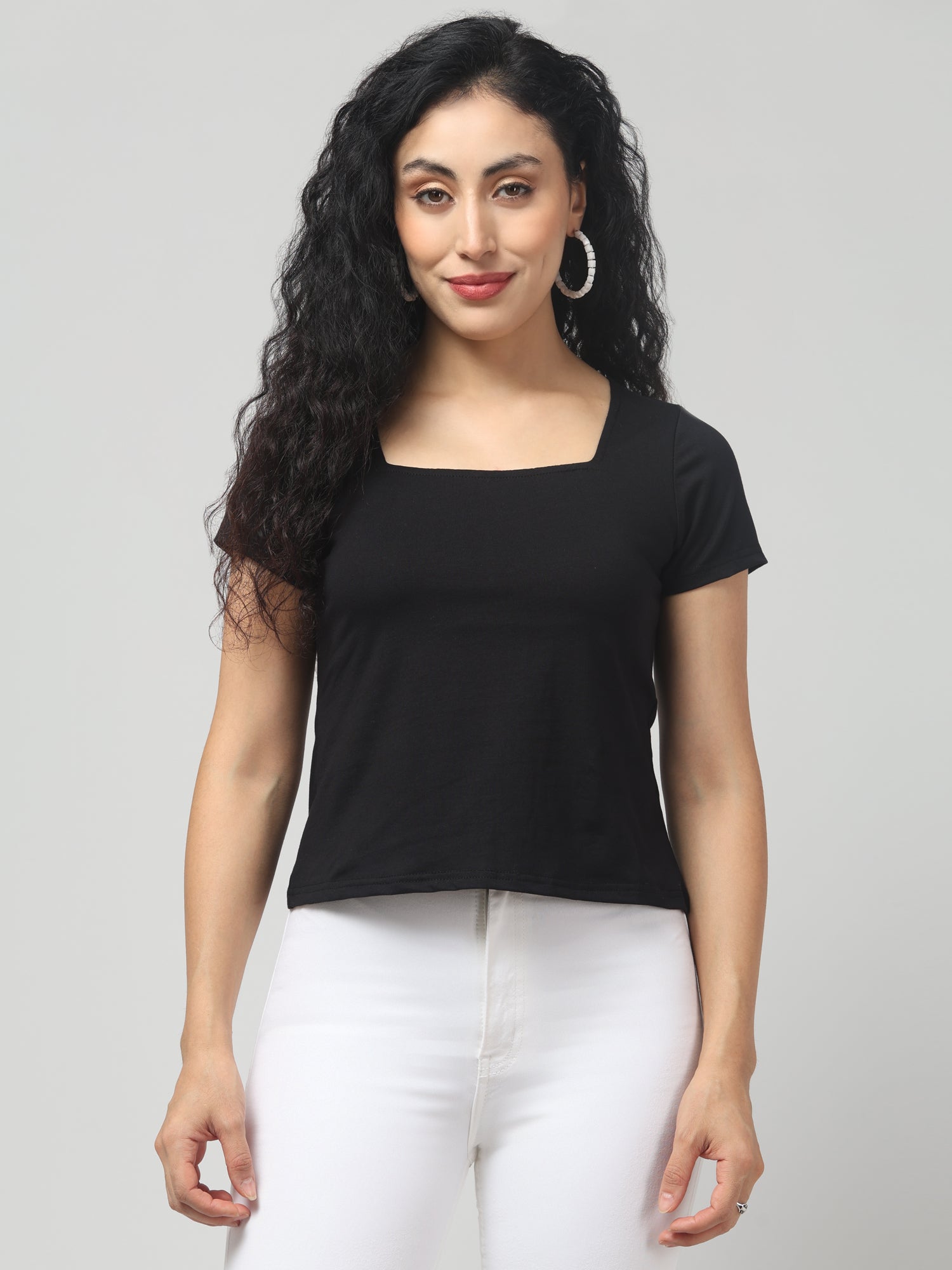 Solid Jaguar Black Square Neck Short Sleeve Top
