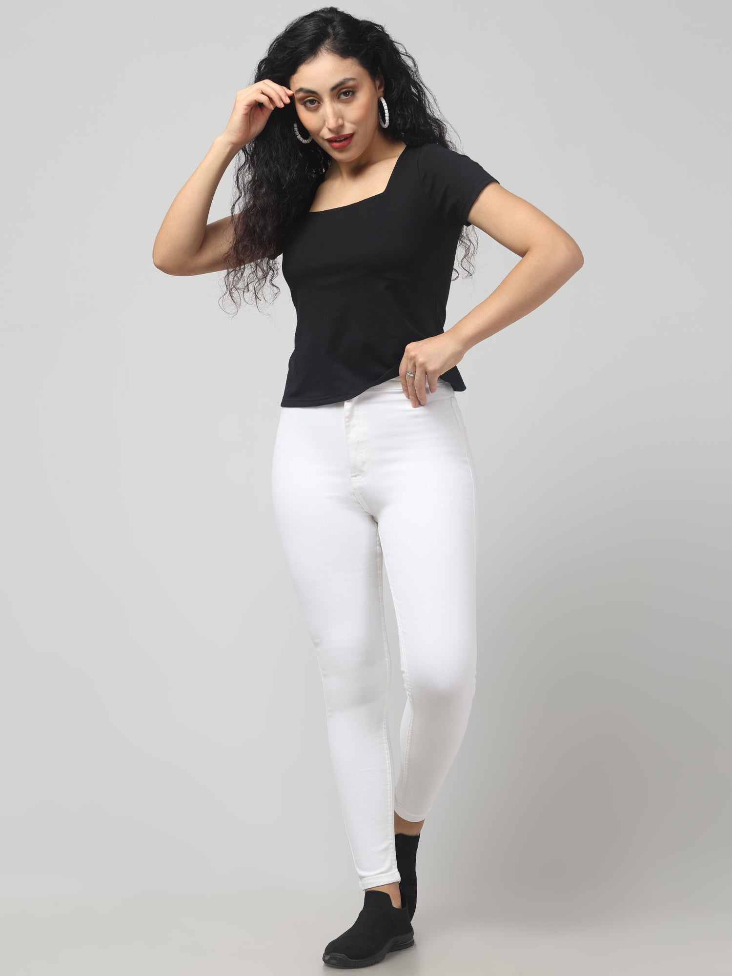 Solid Jaguar Black Square Neck Short Sleeve Top