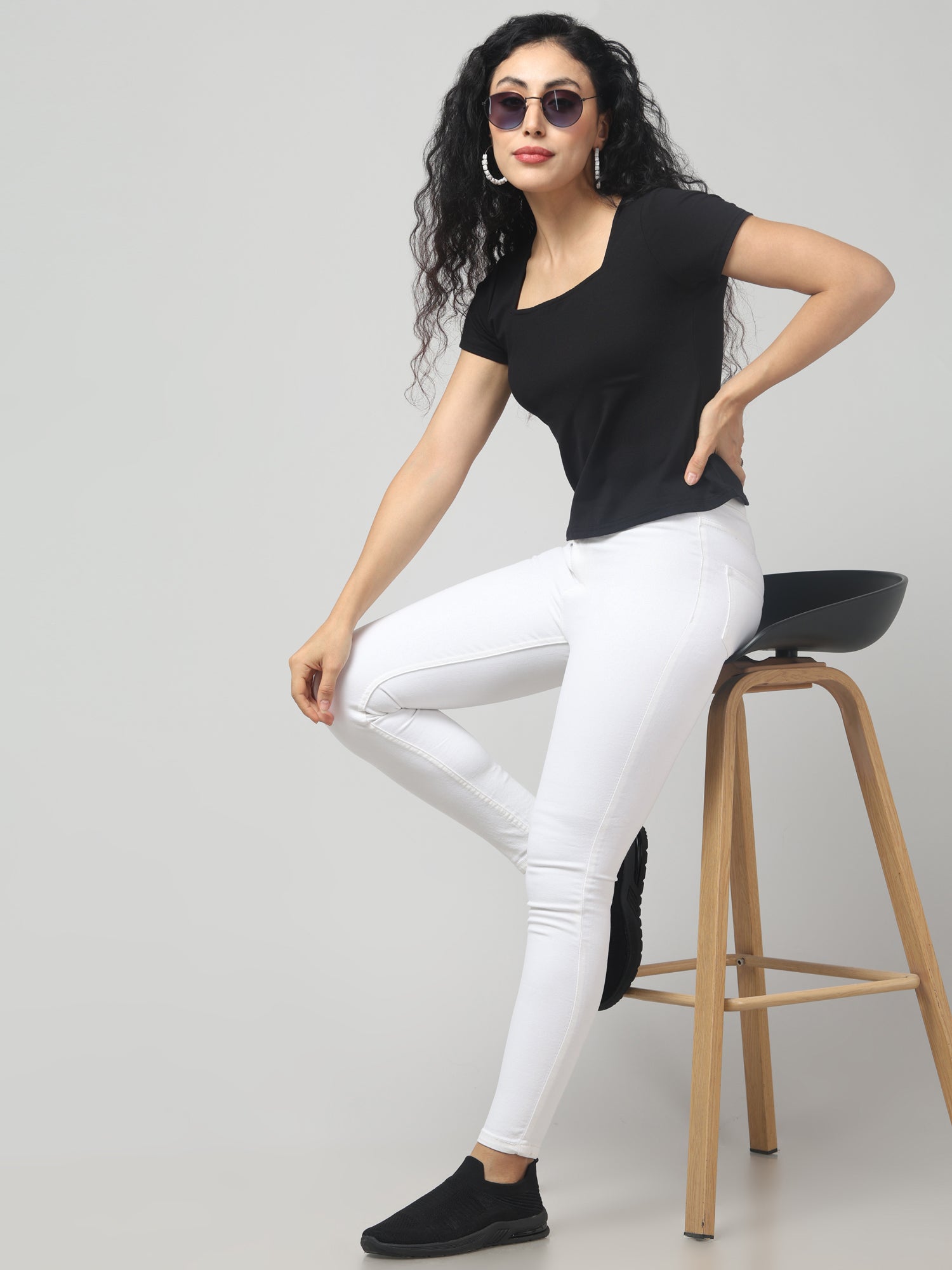 Solid Jaguar Black Square Neck Short Sleeve Top