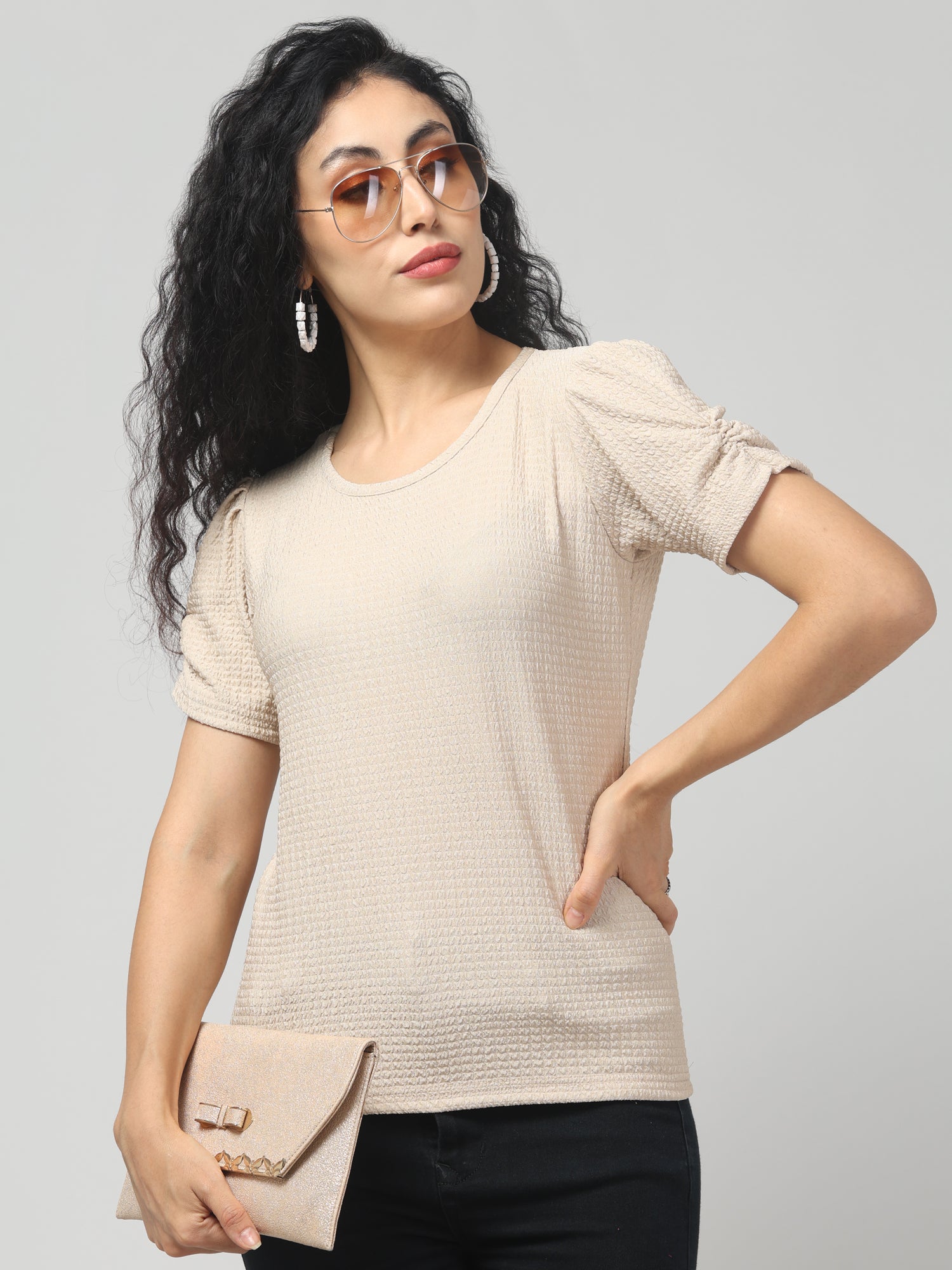 Beige Short Sleeve Top