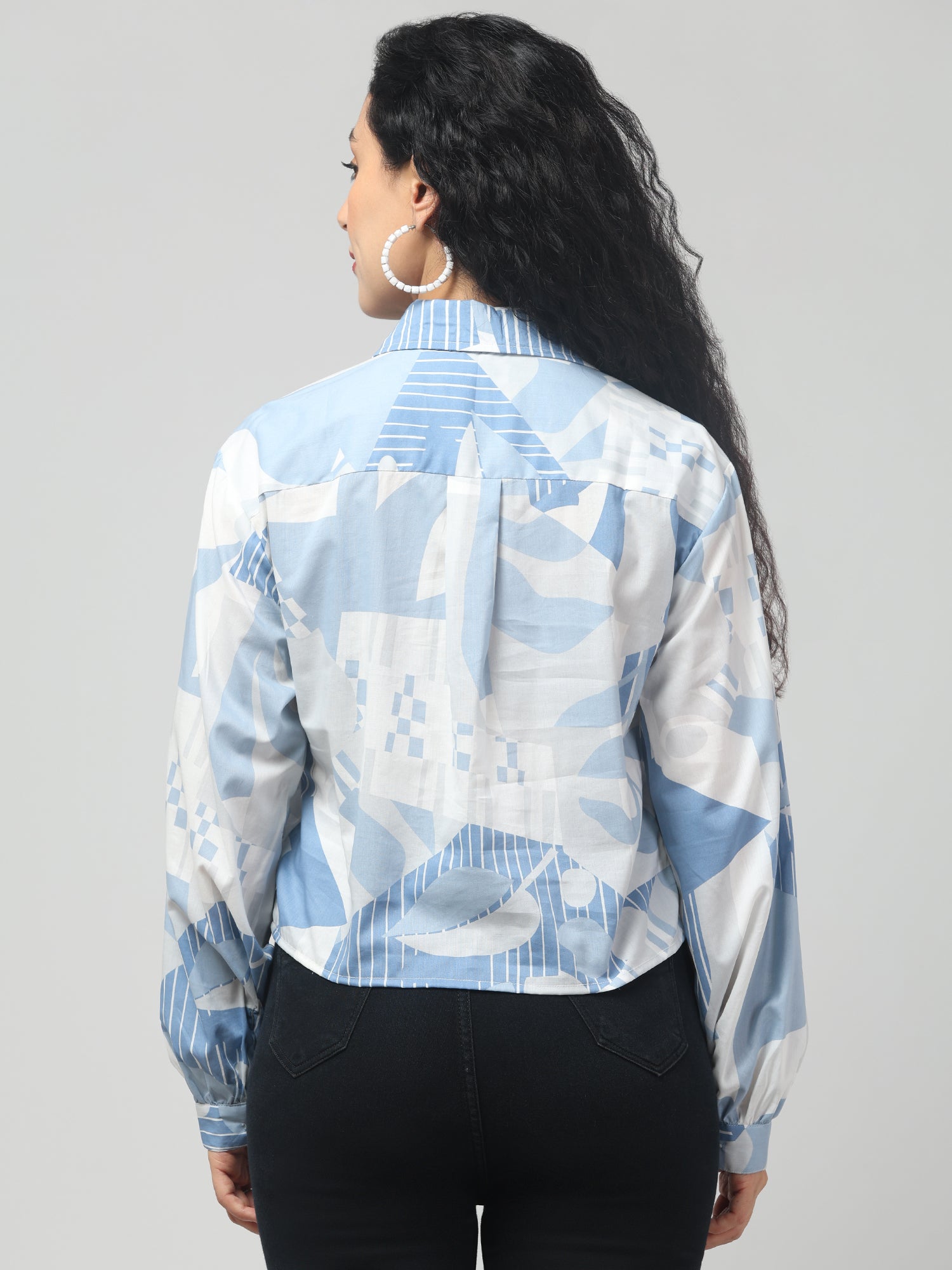 Blue & White Abstract Print Shirt with Balloon Sleeves
