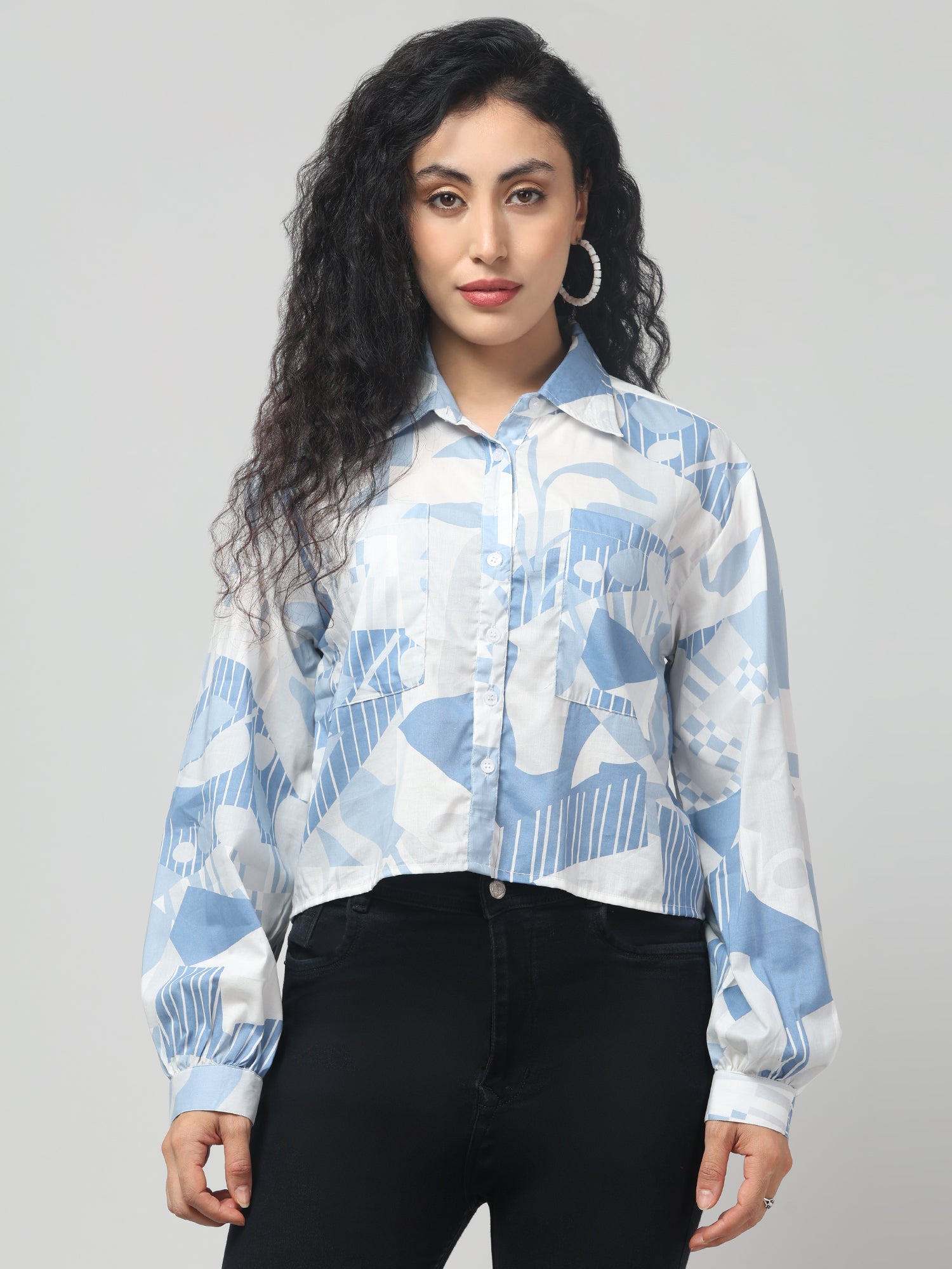 Blue & White Abstract Print Shirt with Balloon Sleeves