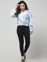 Blue & White Abstract Print Shirt with Balloon Sleeves