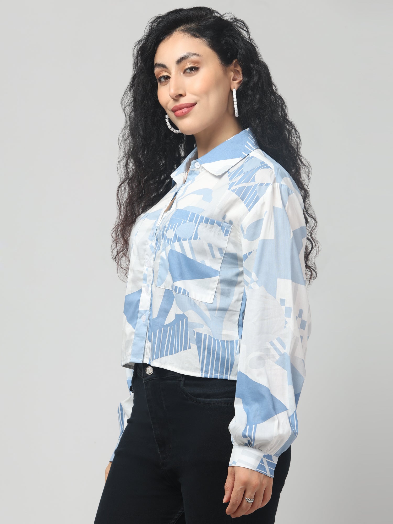 Blue & White Abstract Print Shirt with Balloon Sleeves
