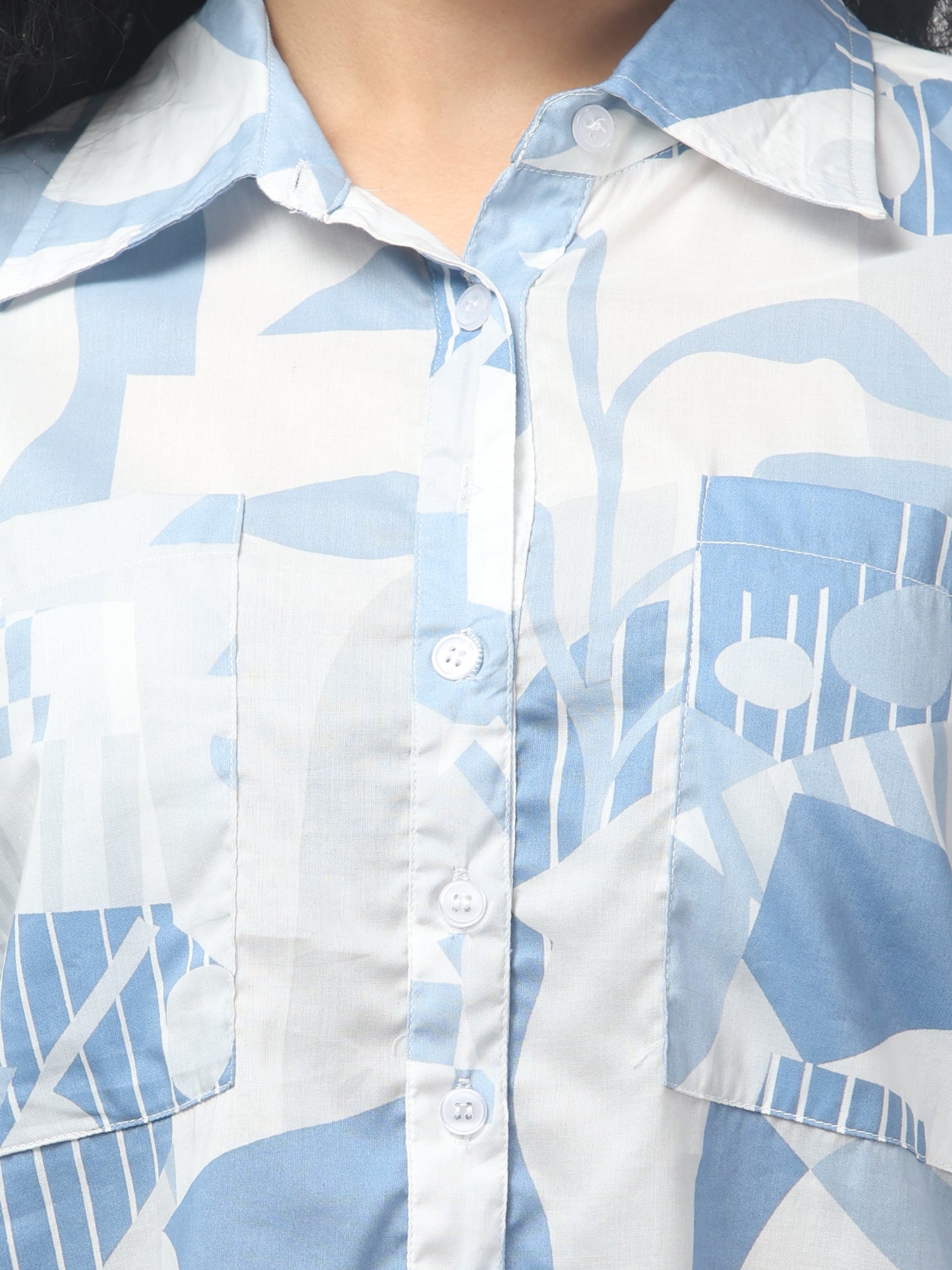 Blue & White Abstract Print Shirt with Balloon Sleeves