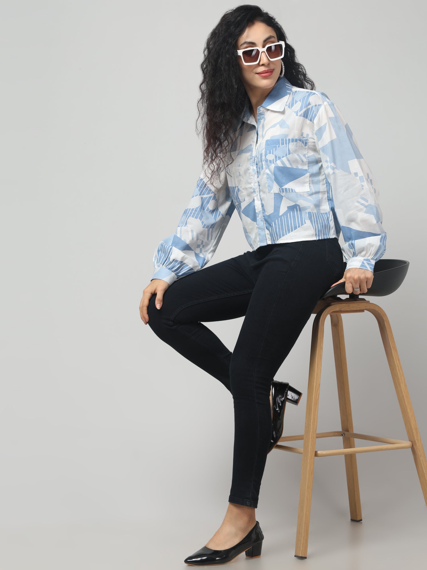 Blue & White Abstract Print Shirt with Balloon Sleeves