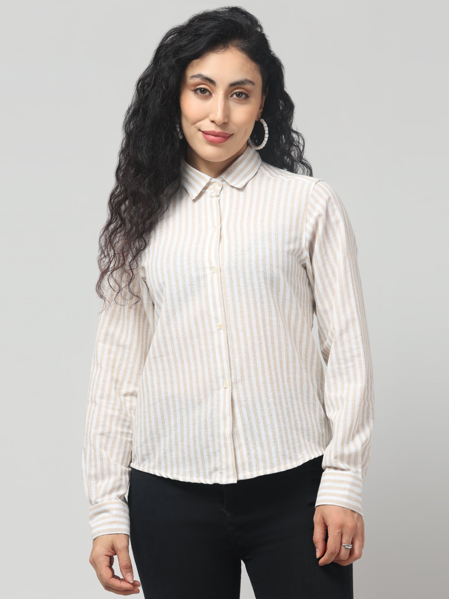 Beige Striped Full Sleeve Shirt