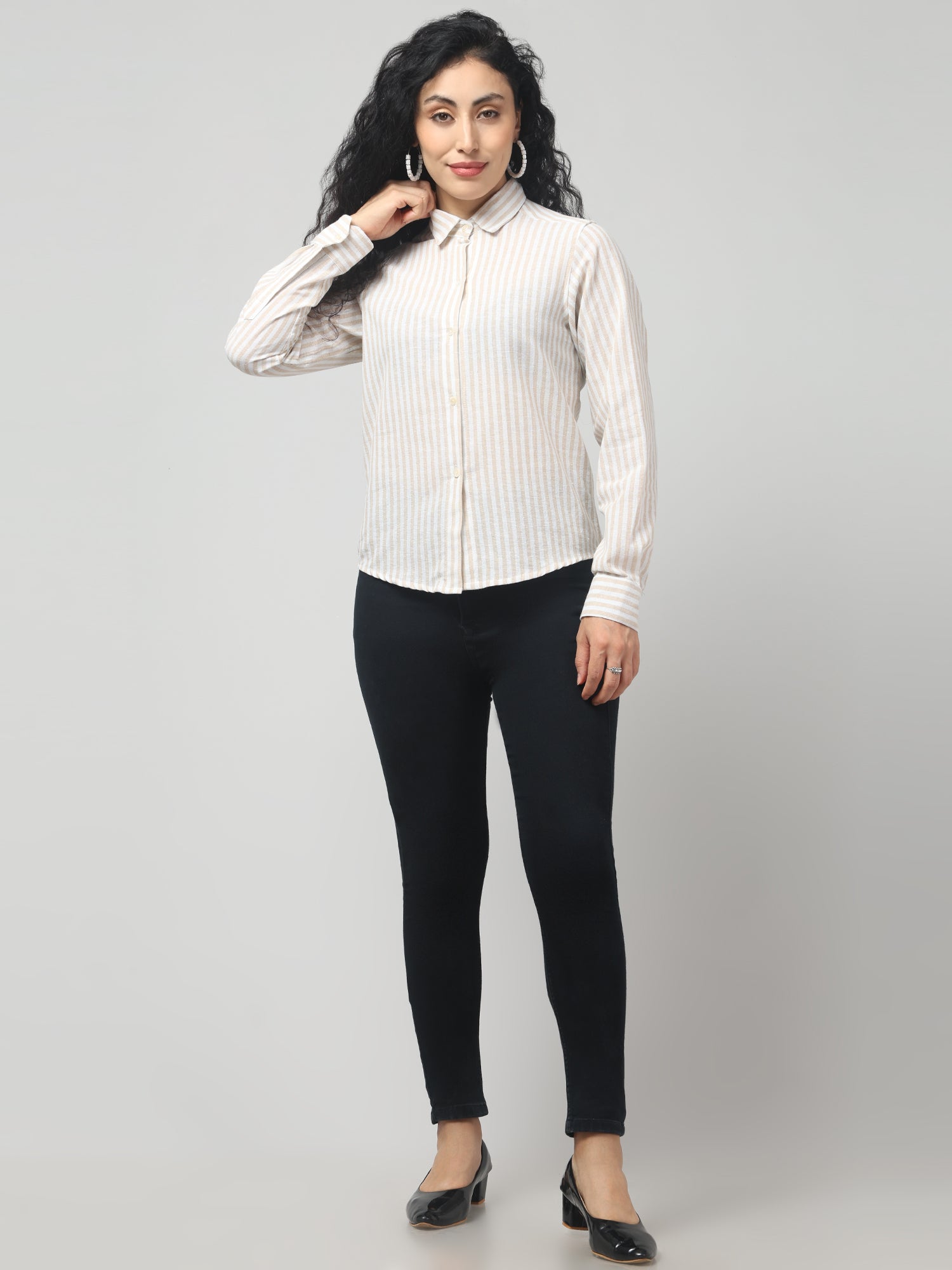Beige Striped Full Sleeve Shirt
