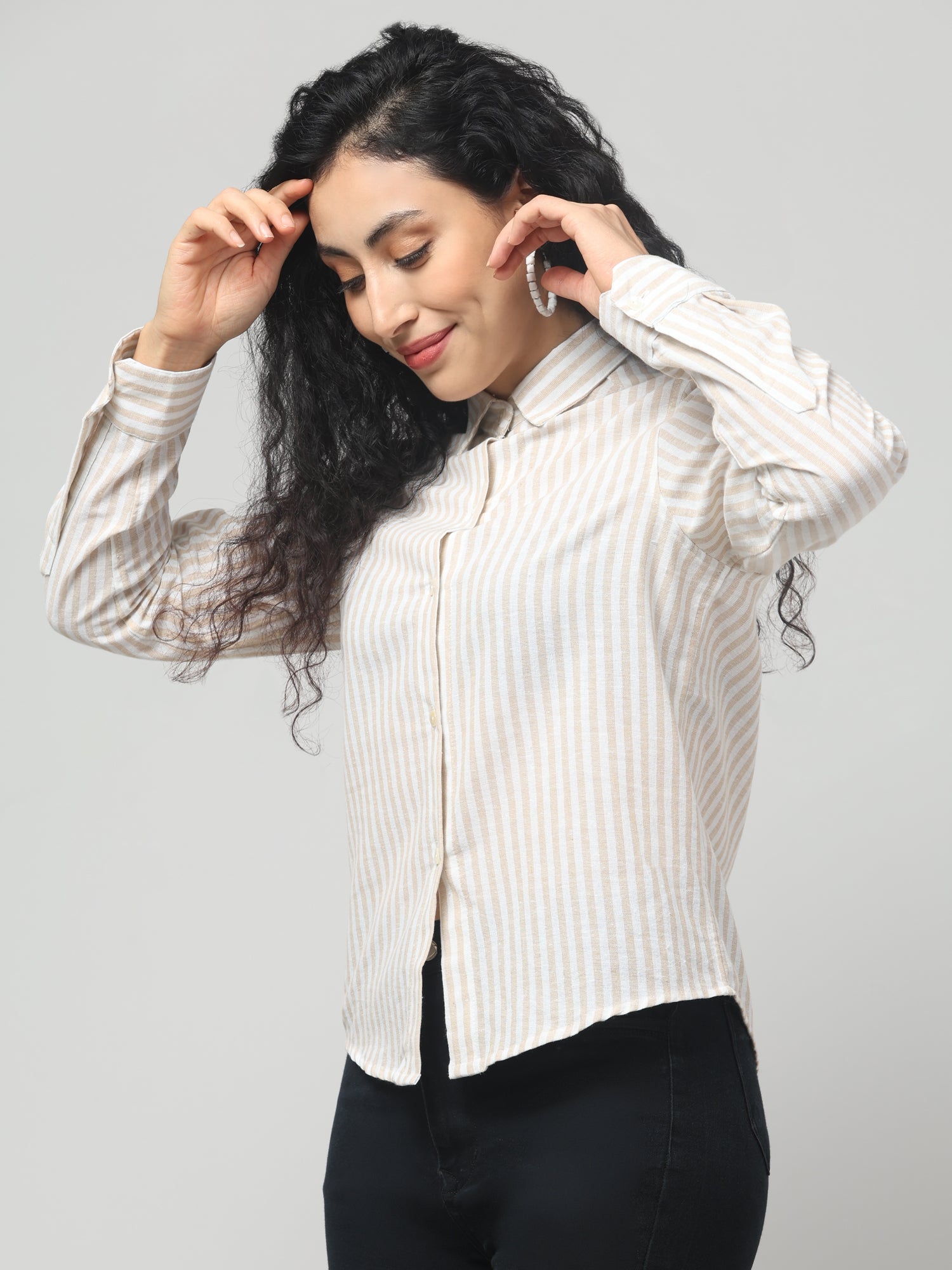 Beige Striped Full Sleeve Shirt