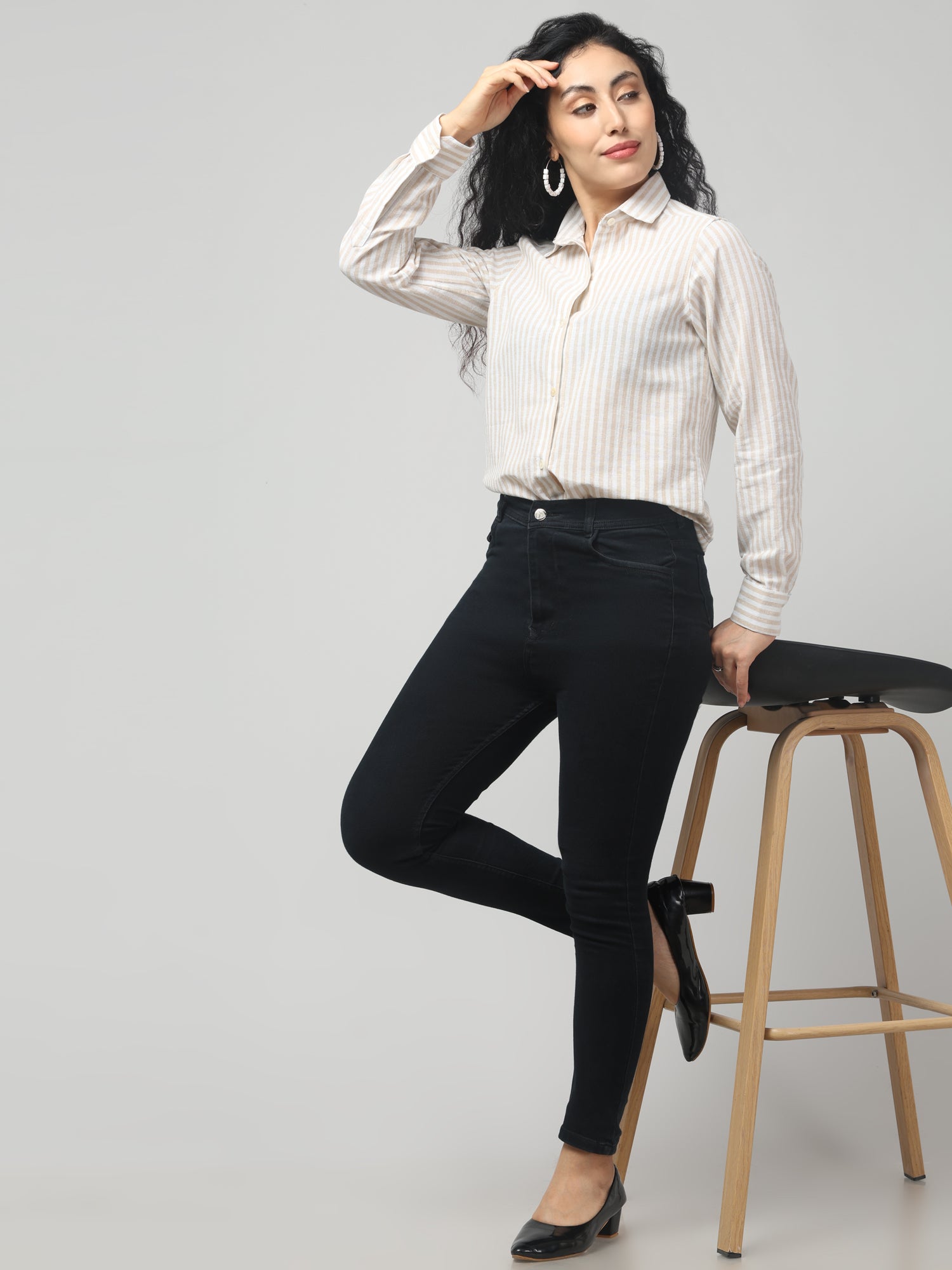 Beige Striped Full Sleeve Shirt